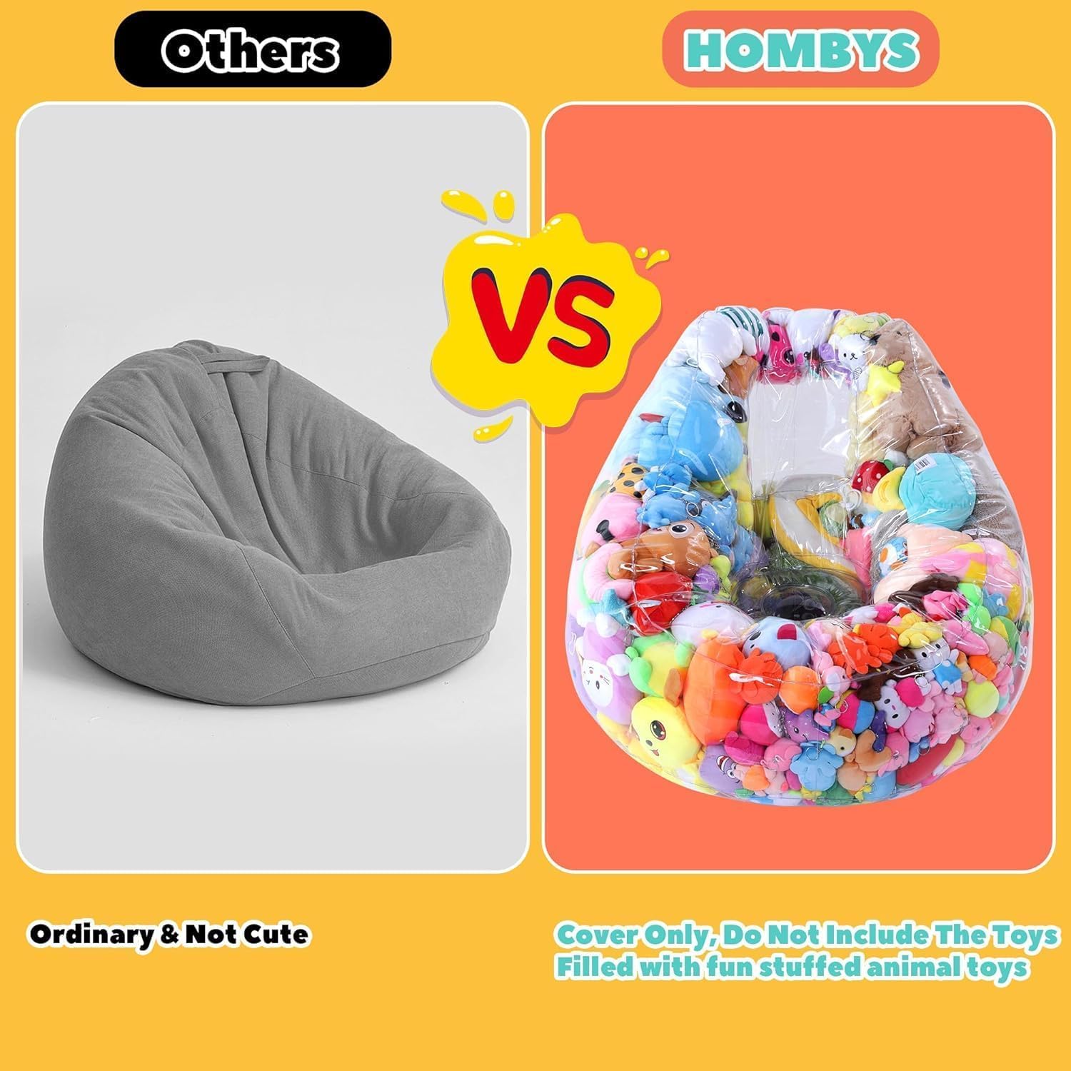 HOMBYS Clear Waterproof Bean Bag Chair Cover for Kids - Extra Large Stuffed Animal Storage Organizer with Zipper, Easy to Clean - Perfect for Playrooms, Bedrooms & Toy Organization