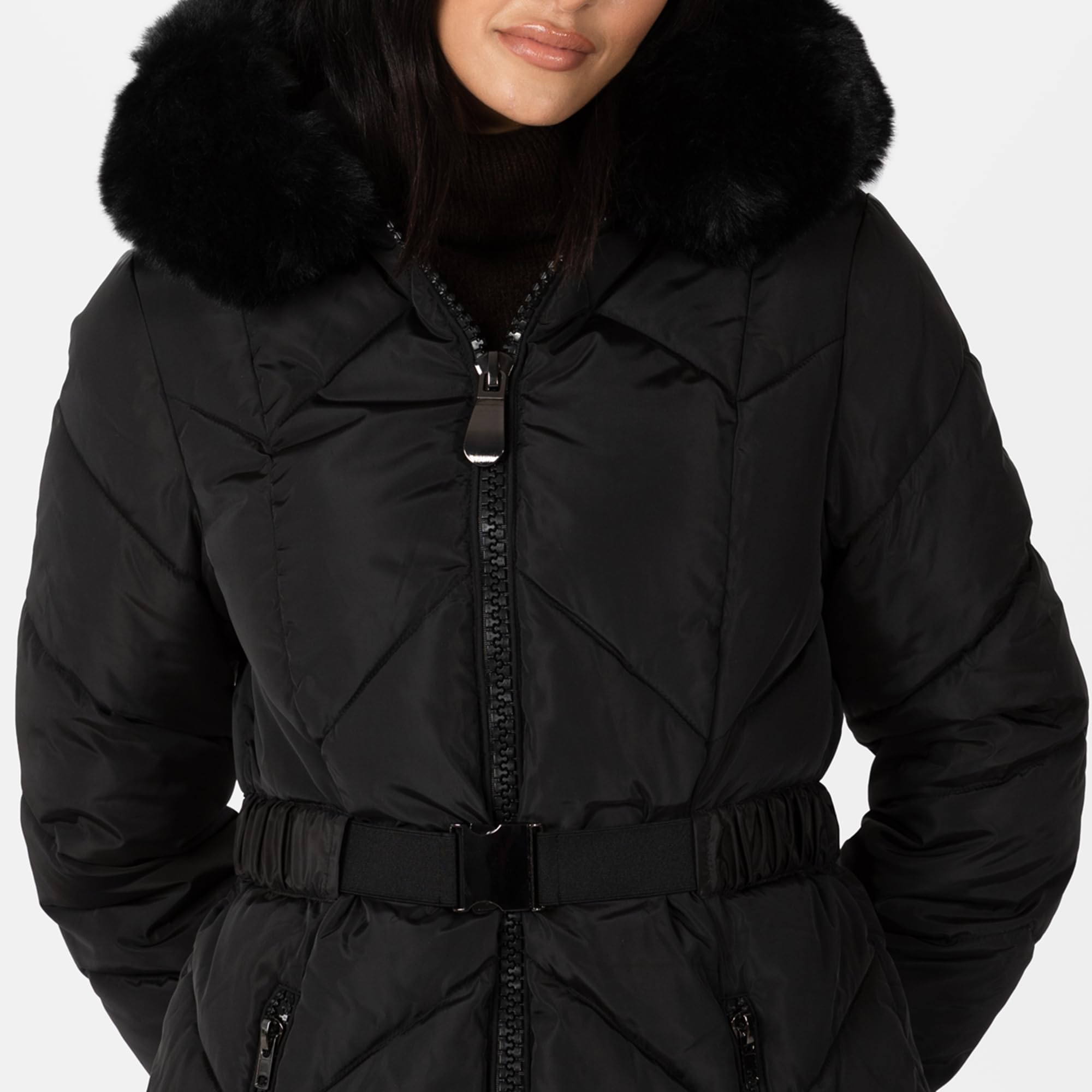 Lovedrobe Women's Winter Jacket - Quilted Padded Puffer Coat with Faux Fur Hood, Belted Waist & Front Pockets - Warm Outerwear for Cold Weather, Snow, Skiing & Daily Winter Fashion