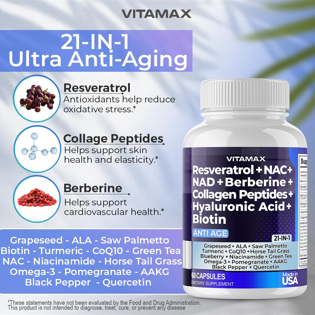 Premium Resveratrol NAD+ Berberine Supplement with Hyaluronic Acid, Biotin, Grape & Blueberry Extract + NAC - 21-in-1 Collagen Peptides Complex for Hair, Skin, Nail & Joint Support - Vegan Friendly Anti-Aging Formula for Women & Men - Made in USA (120 Capsules) - Perfect for Daily Wellness Routine & Active Lifestyle