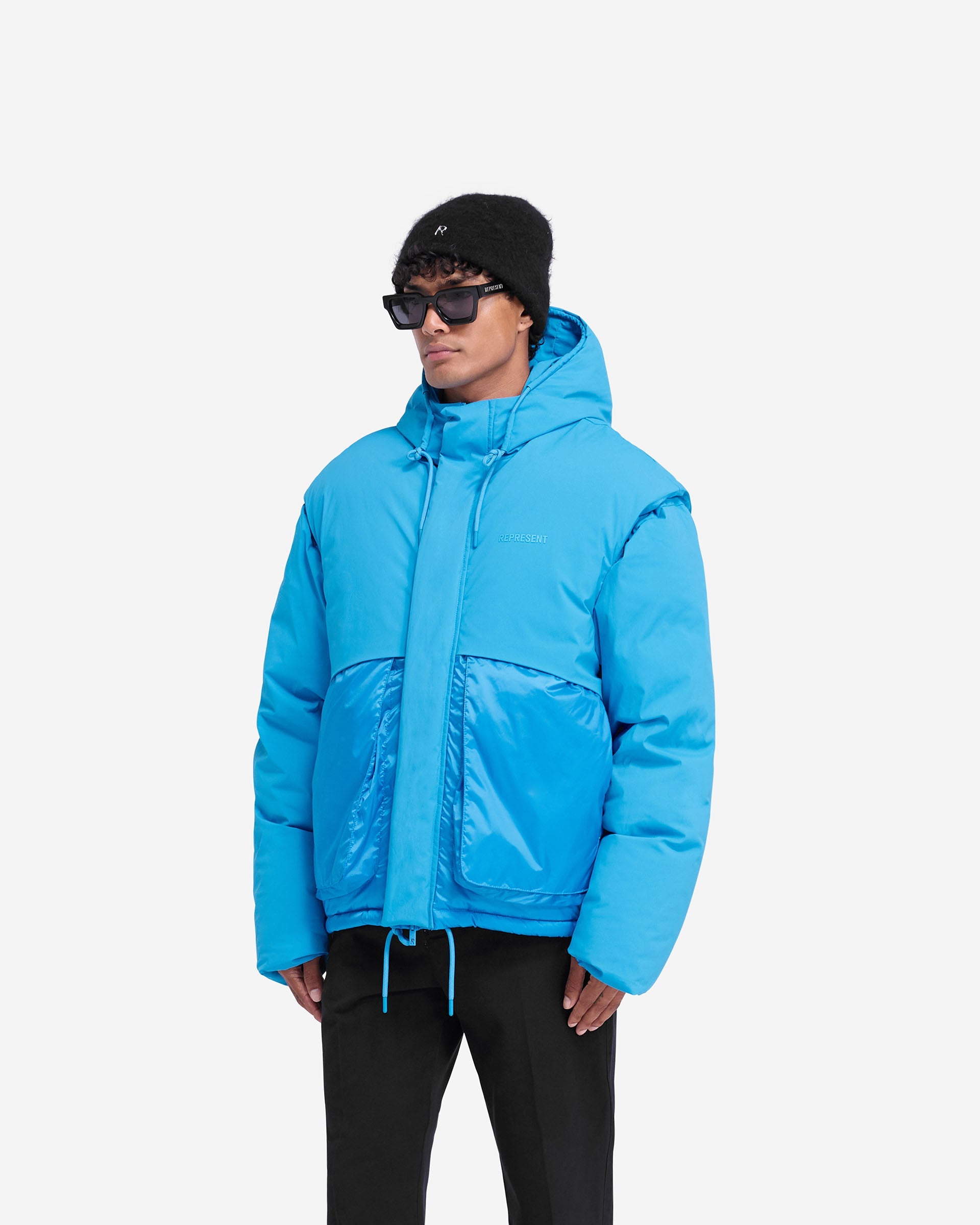 Electric Blue Layered Hooded Puffer Jacket - Women's Winter Coat for Cold Weather, Outdoor Activities & Casual Wear