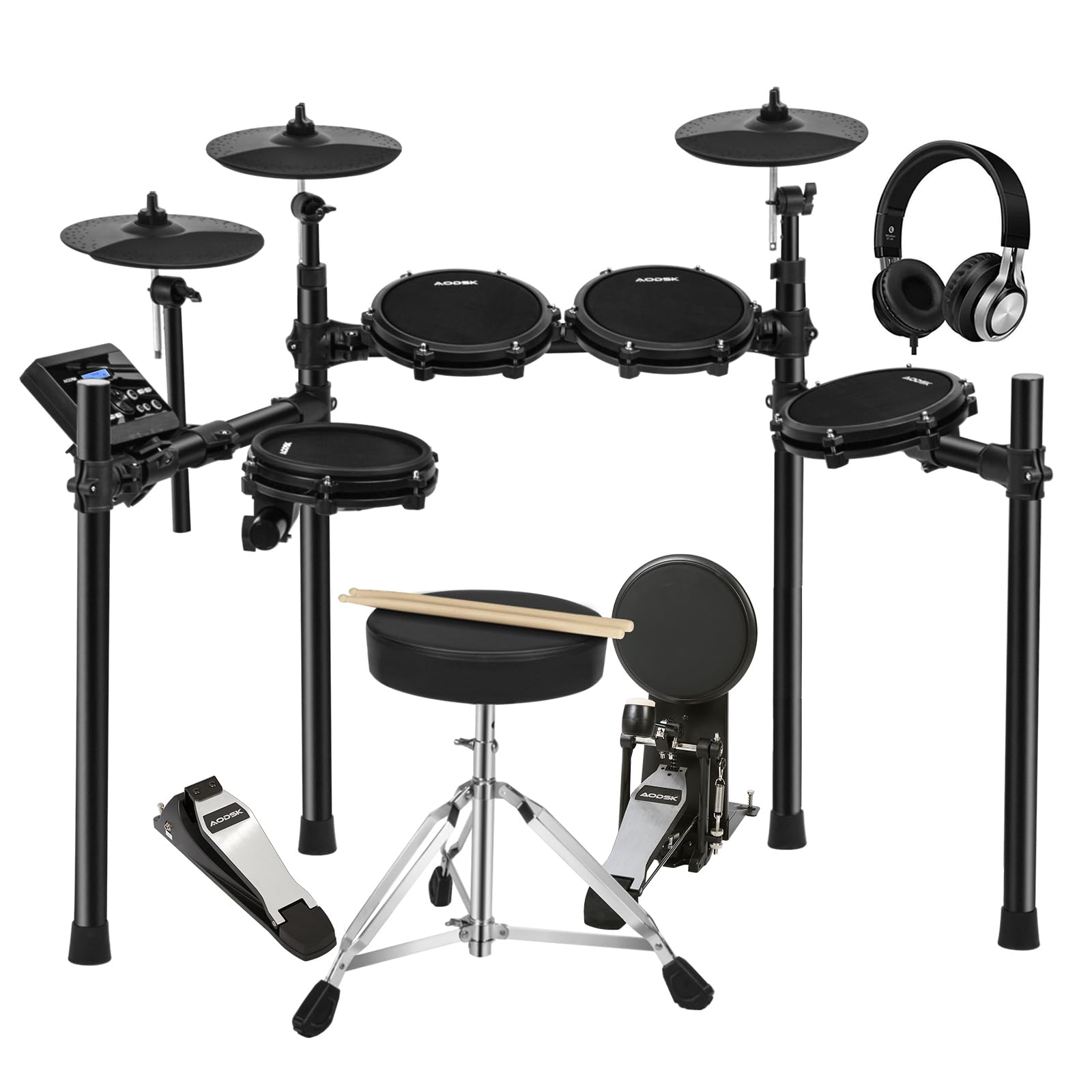 AODSK Electric Drum Set for Adults & Beginners - 225 Sounds, 15 Drum Kits, USB MIDI, Silent Mesh Pads with Heavy Duty Pedals - Includes Drum Throne, Drumsticks & Headphones (UAED-500) - Perfect for Home Practice, Studio Recording & Live Performances