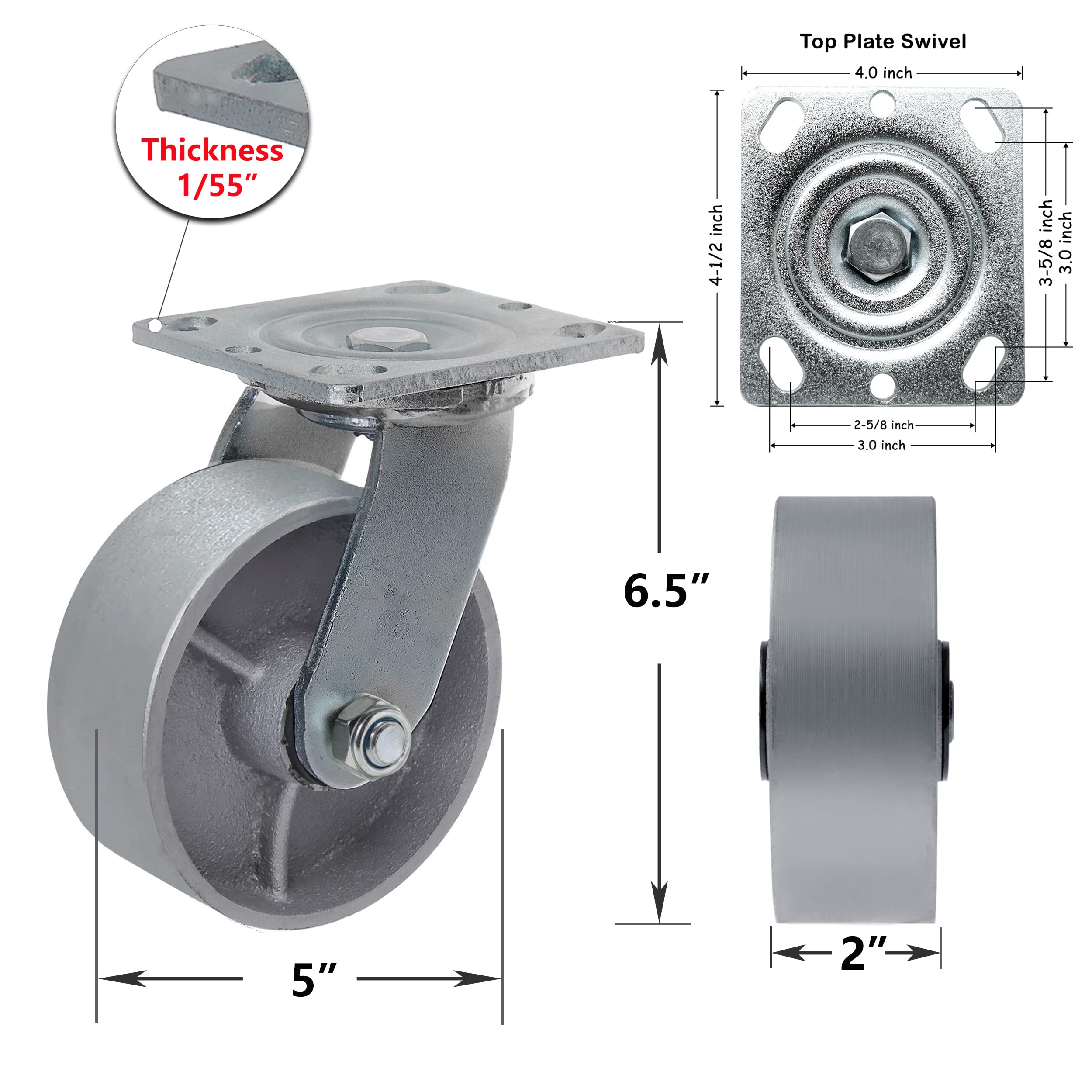 Heavy Duty 5 Inch Steel Cast Iron Caster Wheels - Set of 4 (2 Swivel & 2 Rigid) 4000 LB Capacity for Tool Boxes, Workbenches, Industrial Equipment & Workshop Applications