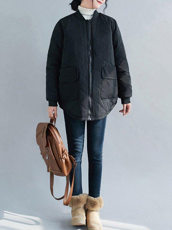 Lovevop Women's Casual Loose Fit Solid Color Padded Coat with Big Pockets & Stand Collar - Winter Warm Long Sleeve Jacket for Outdoor Activities, Work & Daily Wear