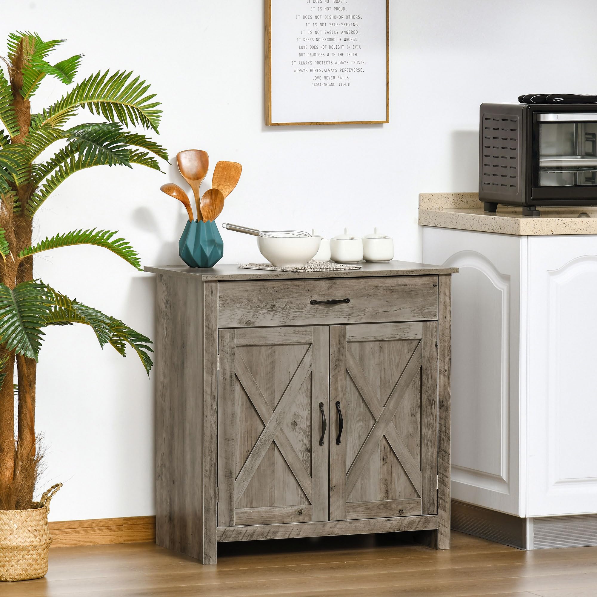 HOMCOM Farmhouse Sideboard Buffet Cabinet with Barn Doors - Coffee Bar Cabinet with Drawer & Adjustable Shelf - Rustic Kitchen Storage for Living Room, Entryway, Dining Room - Perfect for Entertaining & Home Organization (Gray)
