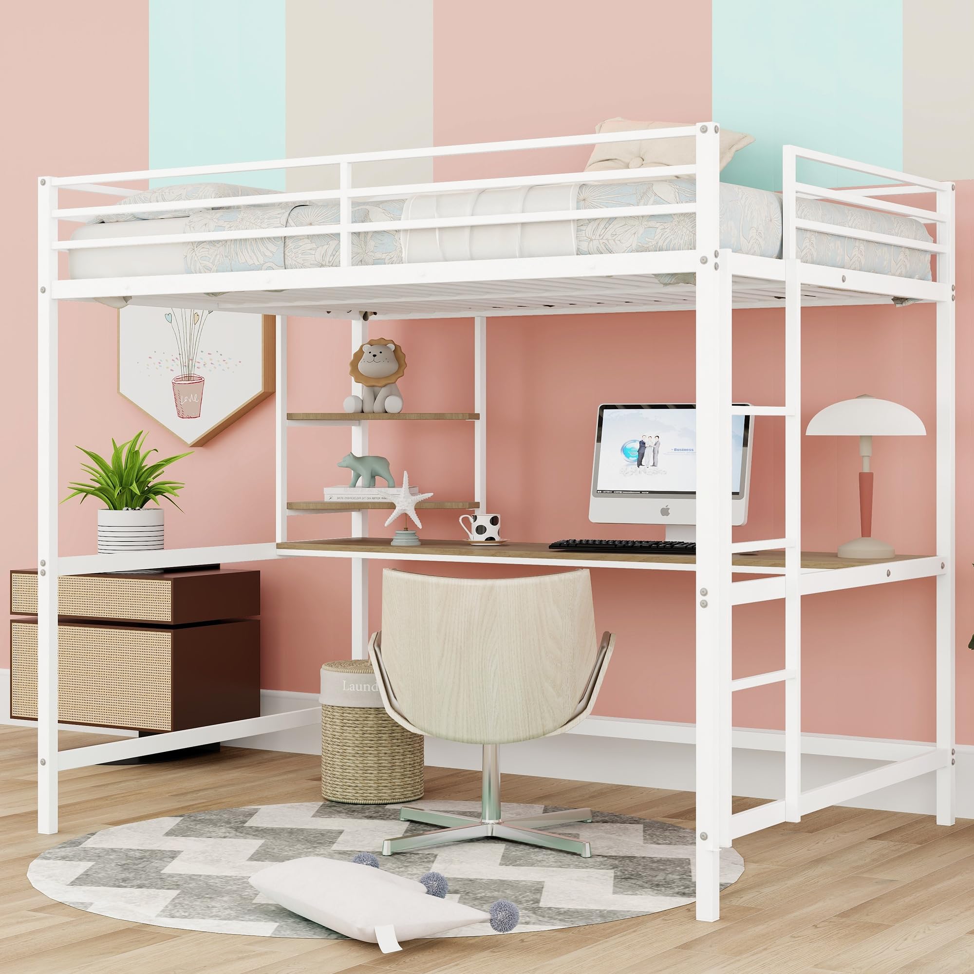 Full Size Loft Bed with Study Desk & Storage Shelves - Heavy Duty Metal Frame Loft Bed for Kids & Teens - Space Saving Design with Safety Guardrail - Perfect for Small Bedrooms, Dorms & Studio Apartments (White)
