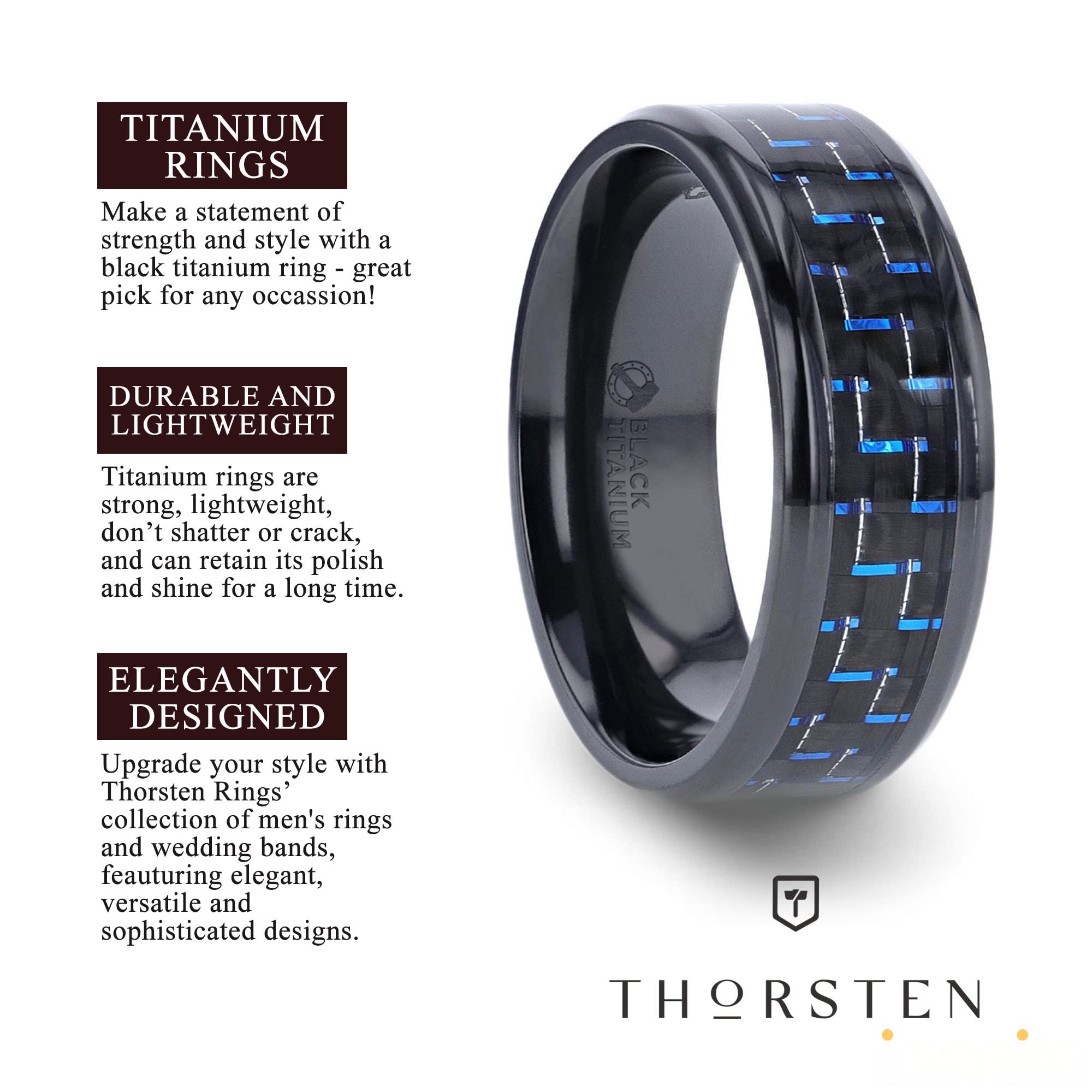 Zayden Men's Titanium Ring - Lightweight Comfort Fit Black Titanium Band with Blue & Black Carbon Fiber Inlay, 8mm Width - Perfect for Weddings, Engagements, and Everyday Wear
