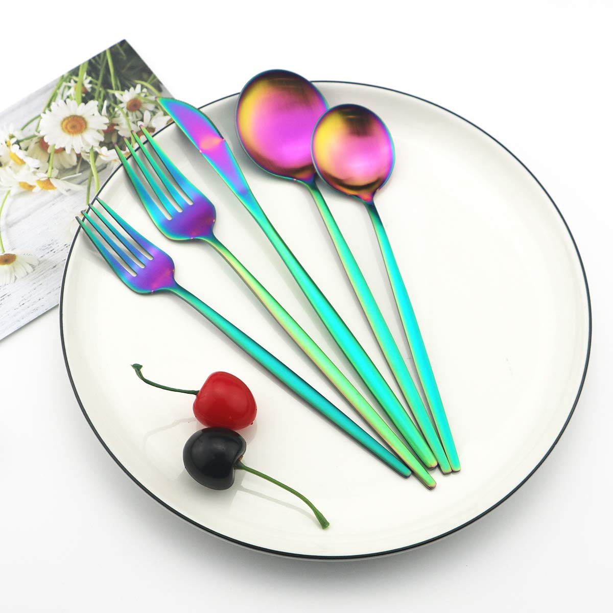 40-Piece Stainless Steel Flatware Set - Satin Finish 304 Silverware for 8, Includes Dinner Knife, Fork & Spoon - Dishwasher Safe - Matte Rainbow - Perfect for Dining, Entertaining & Wedding Registry