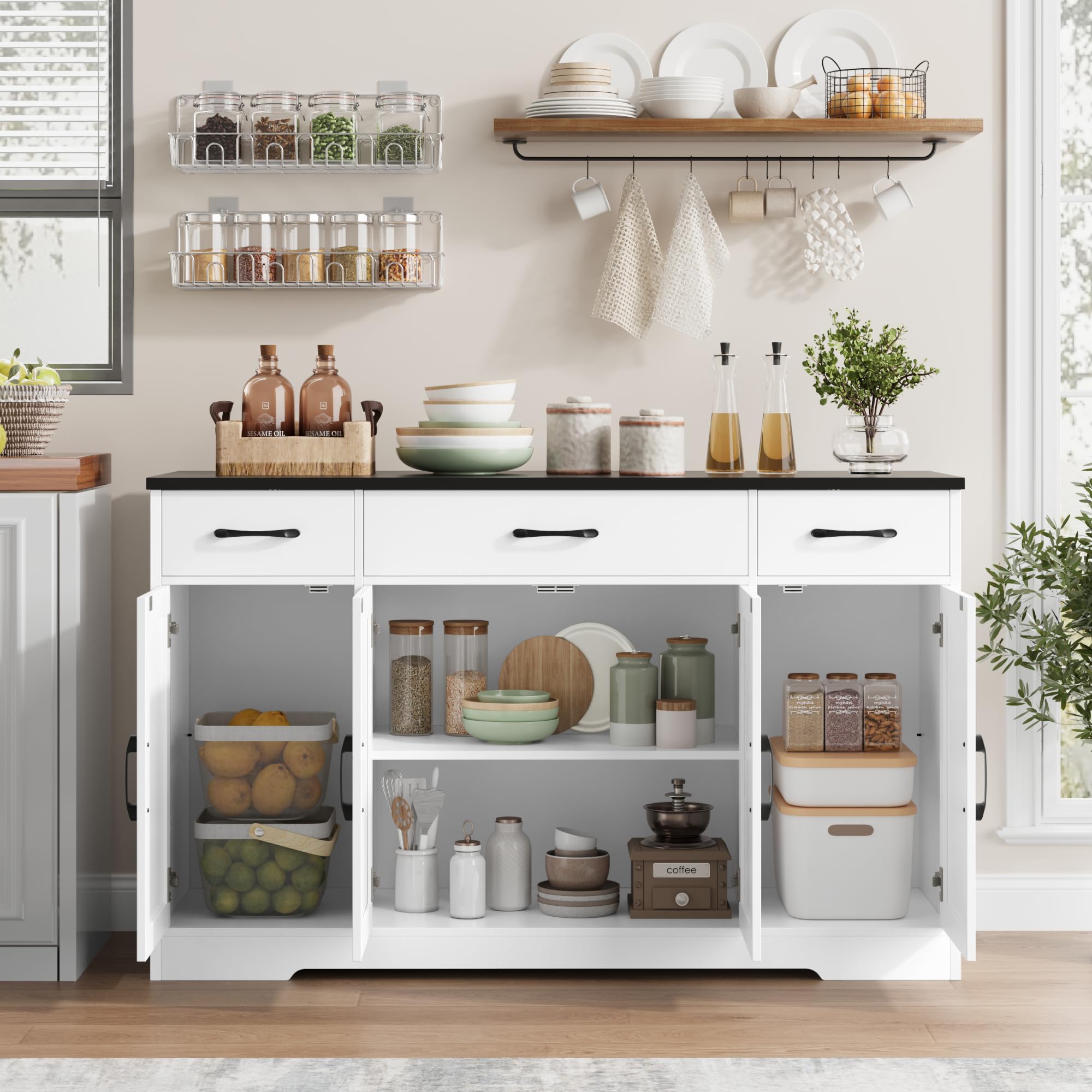 Modern Farmhouse Buffet Cabinet with Drawers & Shelves - 55