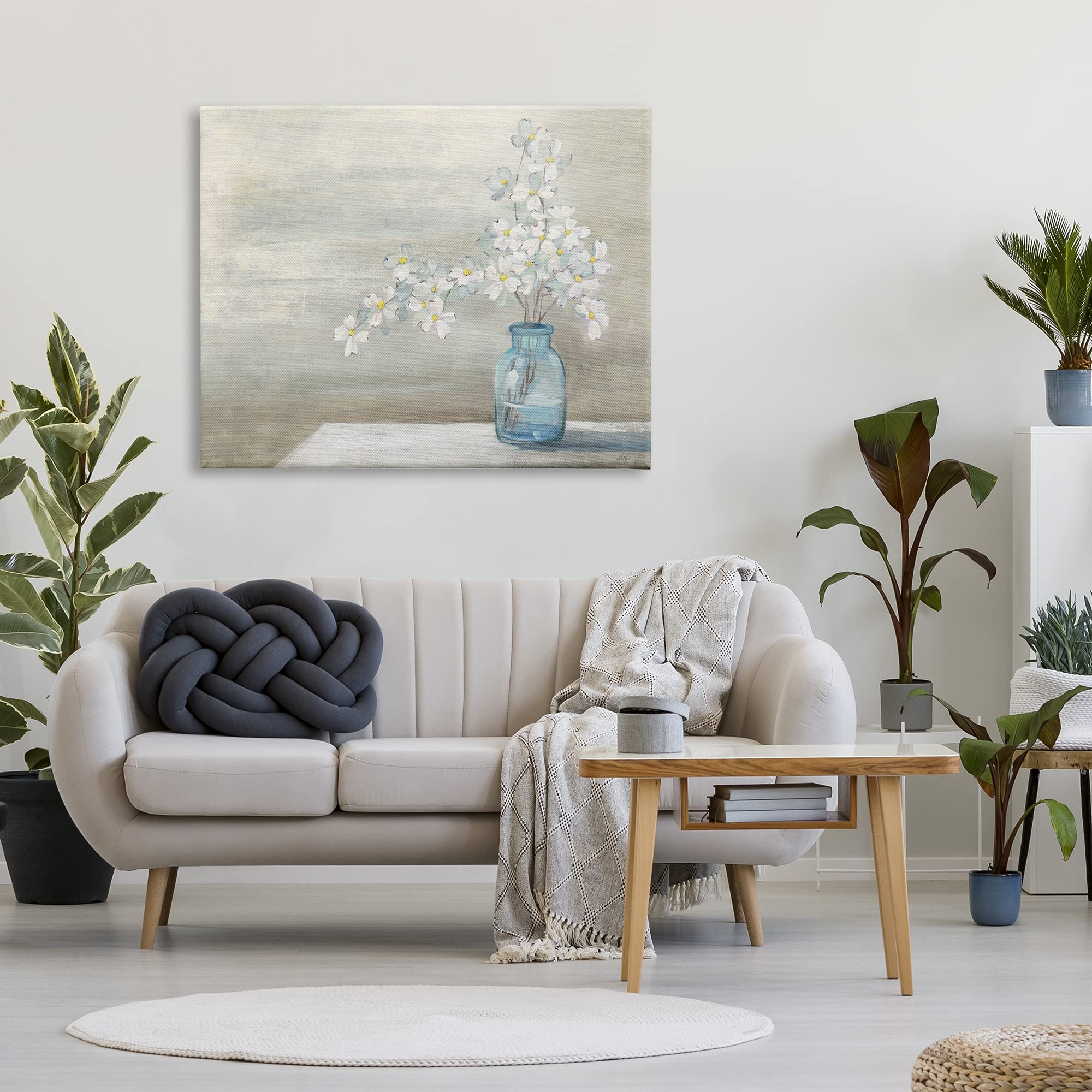 Stupell Industries Classic Dogwood White Florals Blue Jar Country Flowers Canvas Wall Art - 48x36 Inches, Brown Frame - Farmhouse Decor by Julia Purinton - Perfect for Living Room, Bedroom & Office Decor