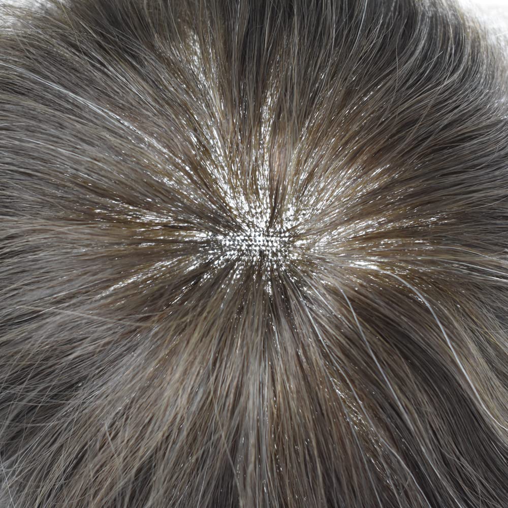 Men's Swiss Lace Toupee - 100% Human Hair Replacement System with PU Bleached Knots & Natural Hairline | 8''x10'' Light Medium Density Wig (310# Dark Brown with 10% Gray) | Perfect for Daily Wear, Special Occasions & Hair Loss Solutions