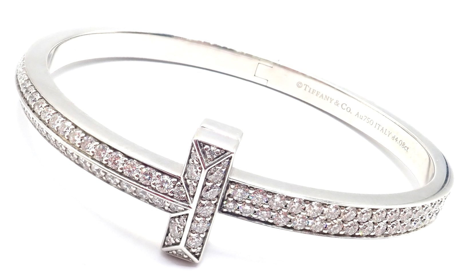 Authentic Tiffany & Co 18k White Gold Diamond T1 Wide Hinged Bangle Bracelet - Luxury Jewelry for Women, Perfect for Weddings, Anniversaries & Special Occasions