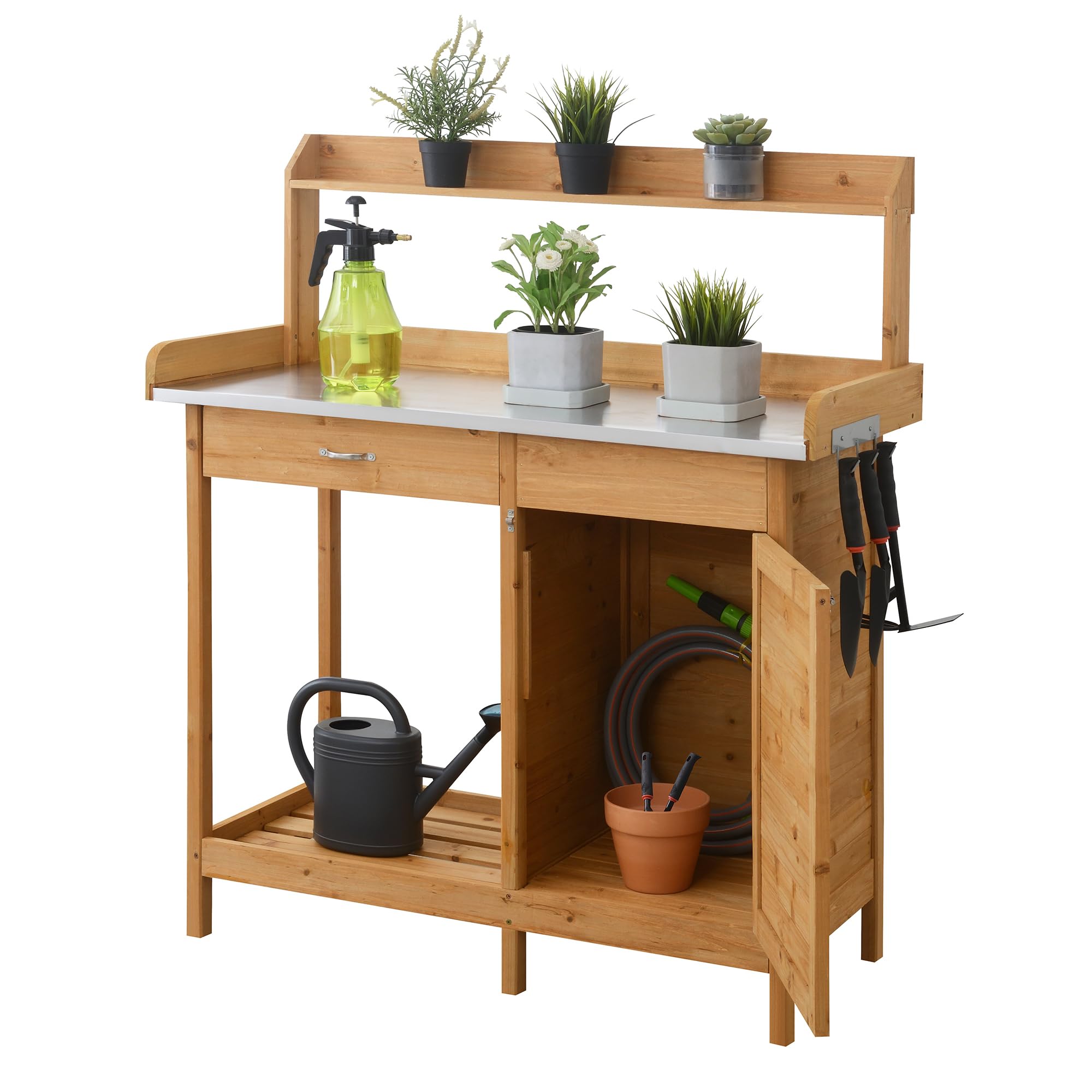 Deluxe 1 Drawer Potting Bench with Storage Cabinet & Shelves - Light Oak Wood Garden Workstation for Planting, Gardening & Outdoor Storage