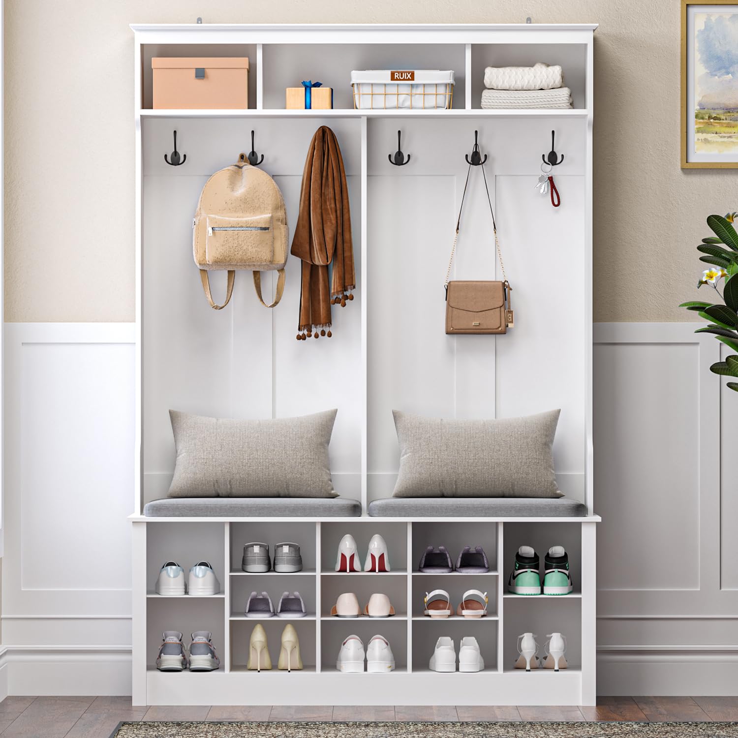 5-in-1 Hall Tree with Bench & Shoe Storage - Entryway Organizer with Coat Rack, Adjustable Shelves & Hooks - Perfect for Foyer, Hallway or Bedroom - White Entryway Furniture for Home Organization