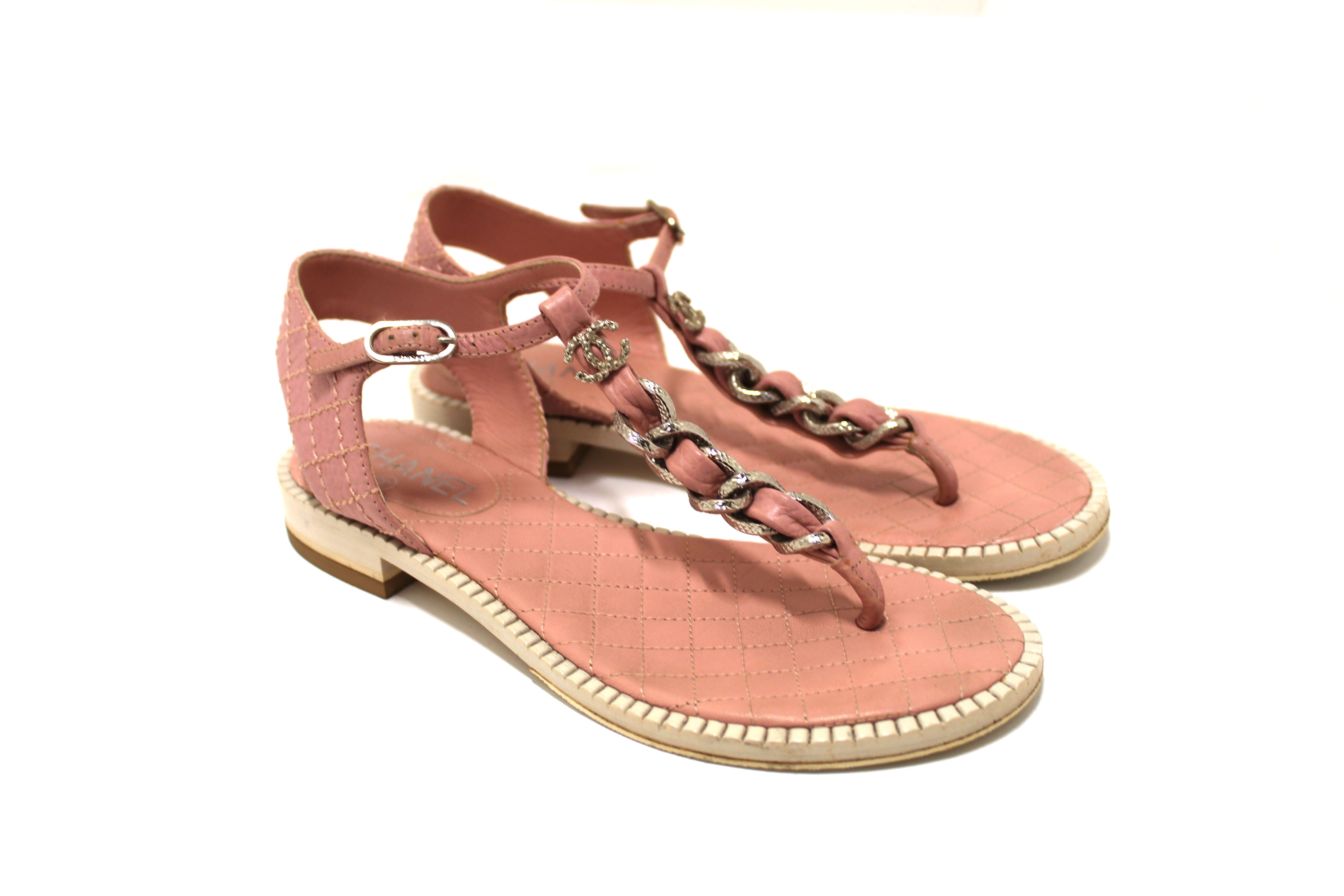 Authentic Chanel Pink Quilted Leather Chain Link Thong Flat Sandals - Size 37 | Luxury Women's Summer Casual Shoes for Beach, Vacation & Date Night Outfits