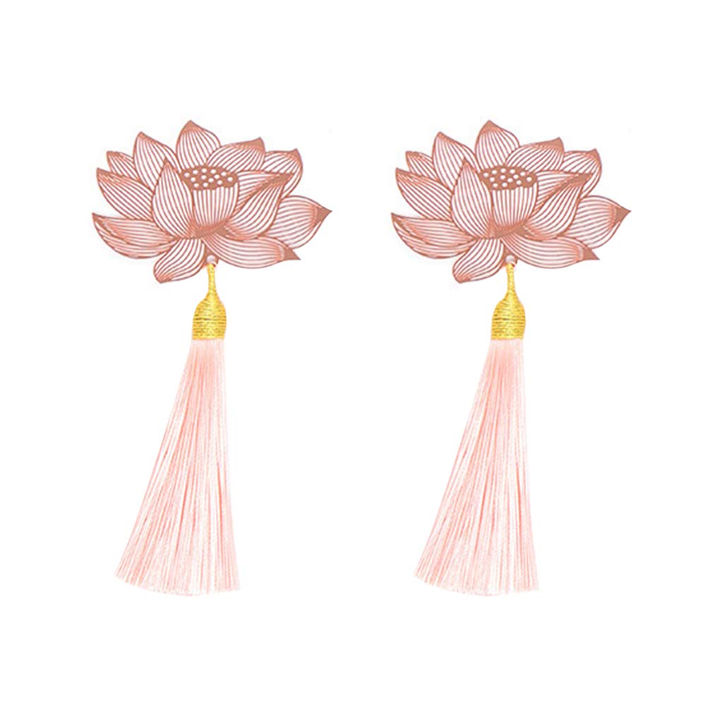 2Pcs Chinese Style Metal Leaf Tassel Bookmarks - Hollow Lotus & Blossoming Flower Design - Elegant Gift for Students & Adults | Perfect for Reading, Journaling, and Book Lovers
