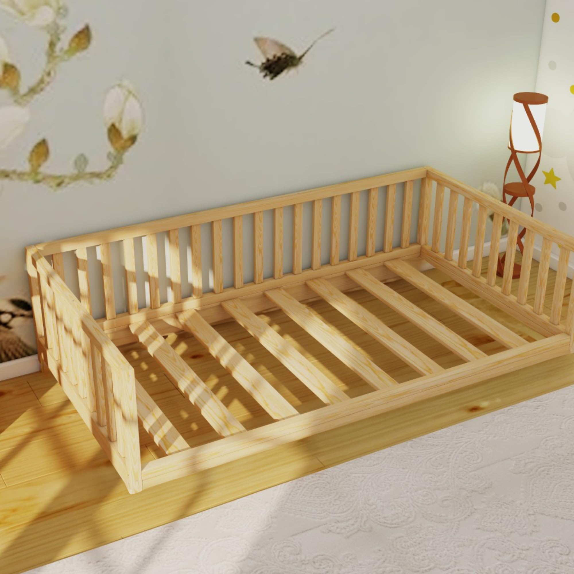 Montessori Floor Bed for Toddlers & Kids - Natural Solid Pine Wood Frame with Wooden Slats - Sturdy Low Profile Bed for Boys & Girls (19