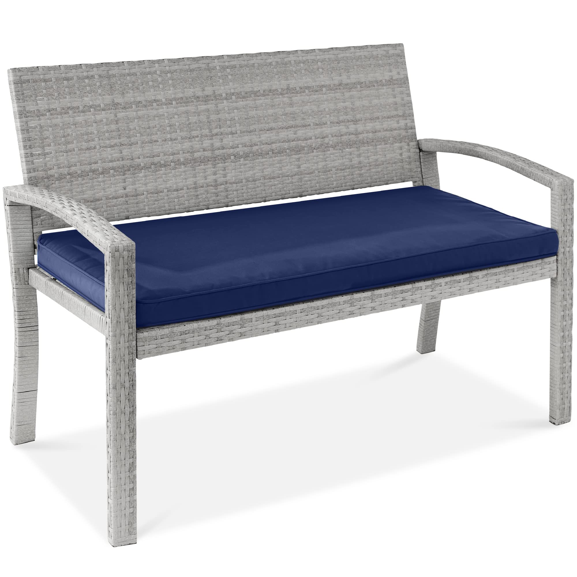 Best Choice Products 2-Person Outdoor Wicker Bench with Cushion - 700lb Capacity, Gray/Navy - Patio Furniture for Garden, Backyard, Porch & Deck Seating - Perfect for Relaxing, Entertaining & Outdoor Gatherings