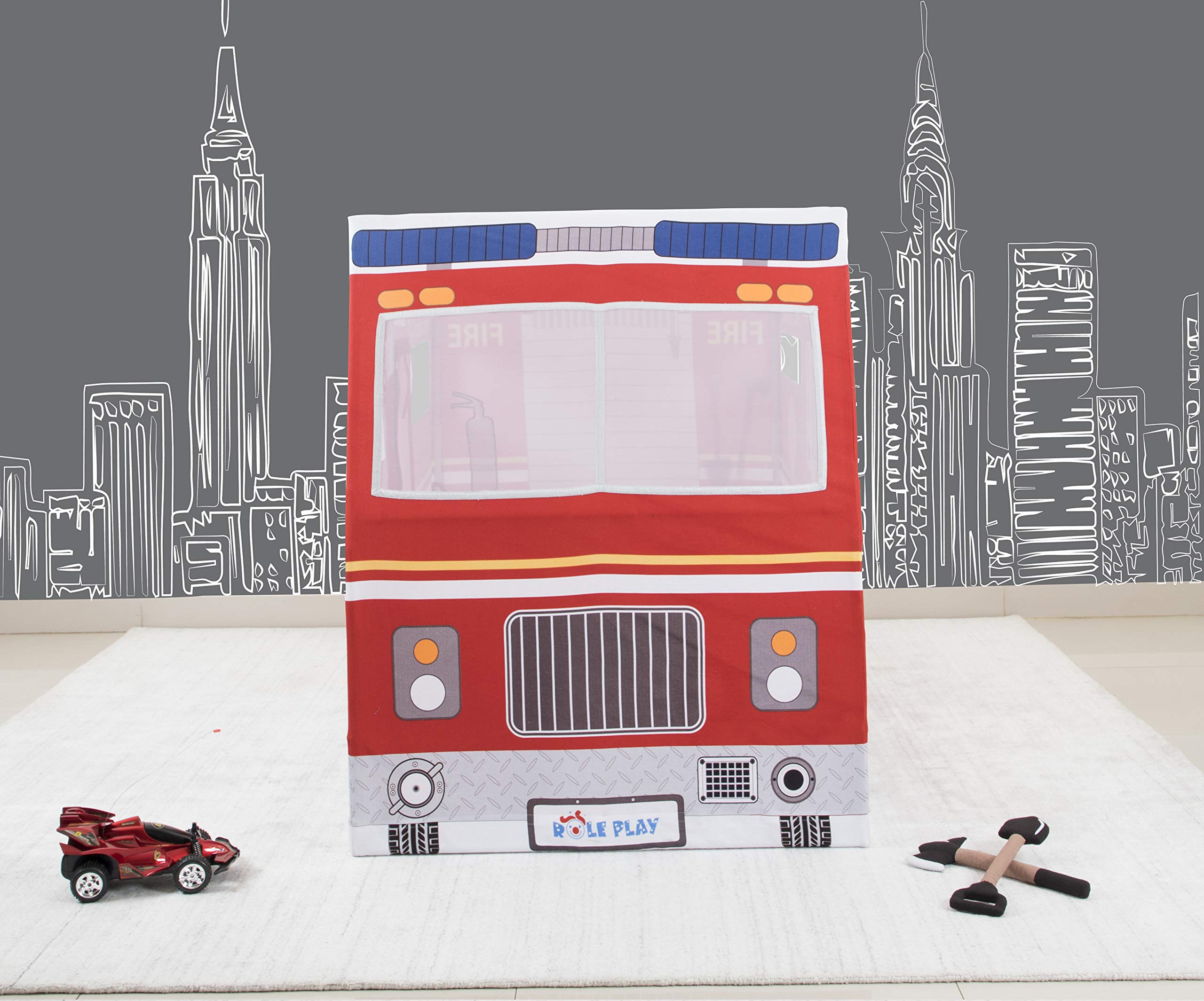 Premium Kids' Fire Truck Play Tent - Indoor & Outdoor Role Play House for Pretend Play | 100% Cotton Canvas Durable Playhouse with Free Plush Toys | Encourages Imagination & Creativity for Ages 3+ | Perfect for Backyard Adventures & Birthday Parties