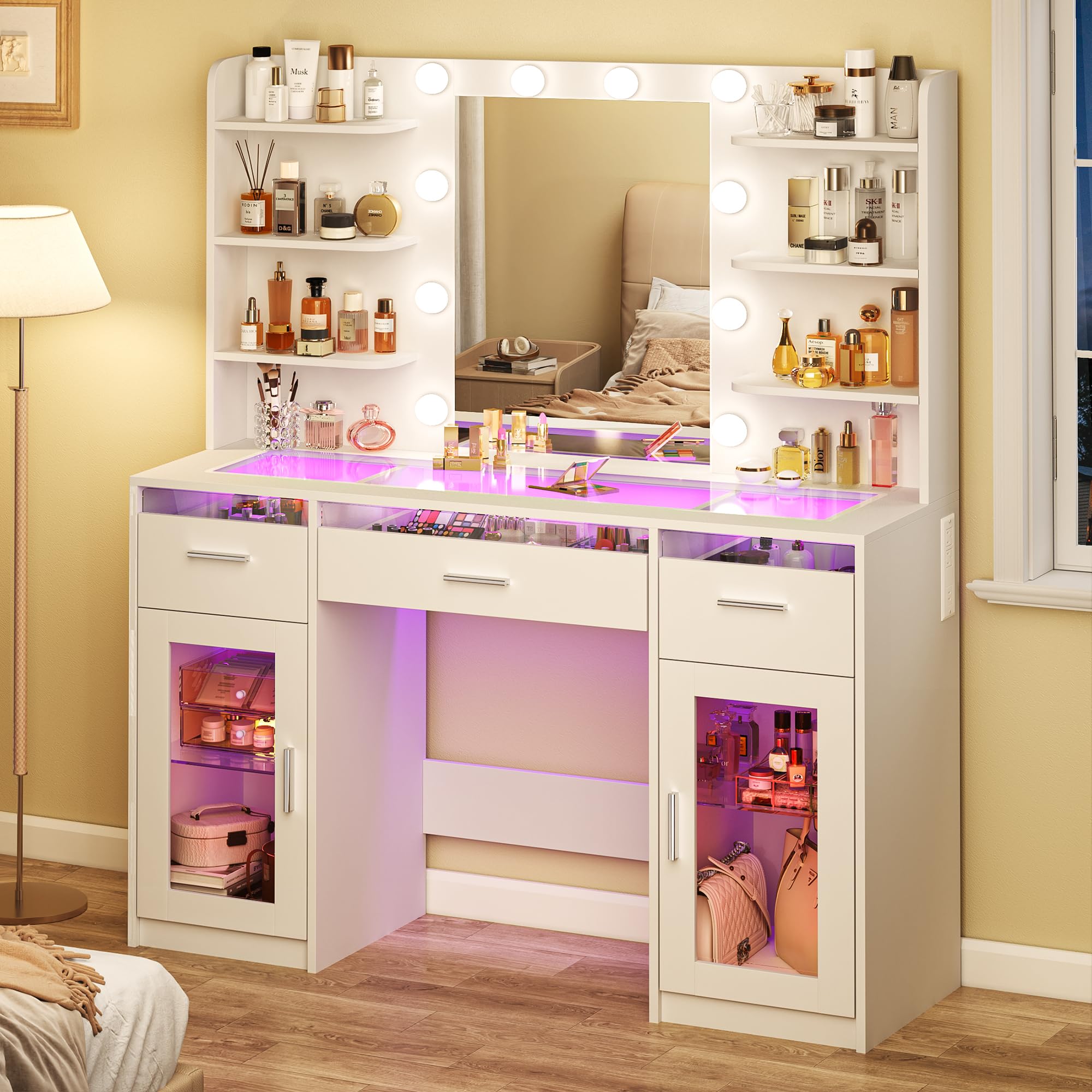 HUAHUUU Vanity Desk with Mirror & LED Lights - White Makeup Dressing Table, 3-Color RGB Drawers, Transparent Top, 6 Shelves, 2 Tempered Glass Cabinets, Built-in Power Outlet - Perfect for Bedroom, Dorm Room & Beauty Salon Makeup Station