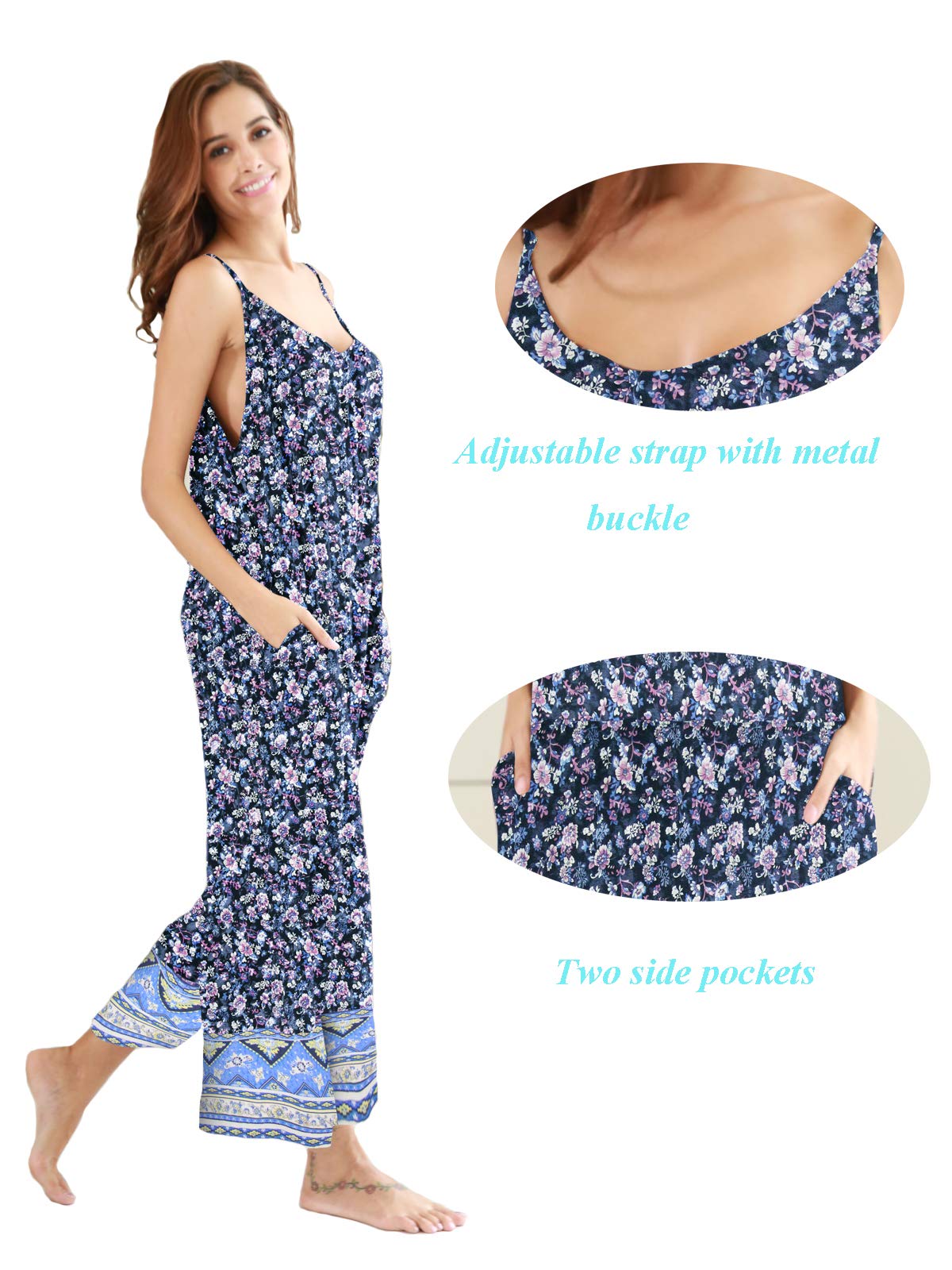 Wexcen Women's Floral Wide Leg Jumpsuit - Spaghetti Strap Sleeveless Romper with Pockets | Casual Loose Fit Bohemian Style for Summer Outings, Beach Vacations & Music Festivals