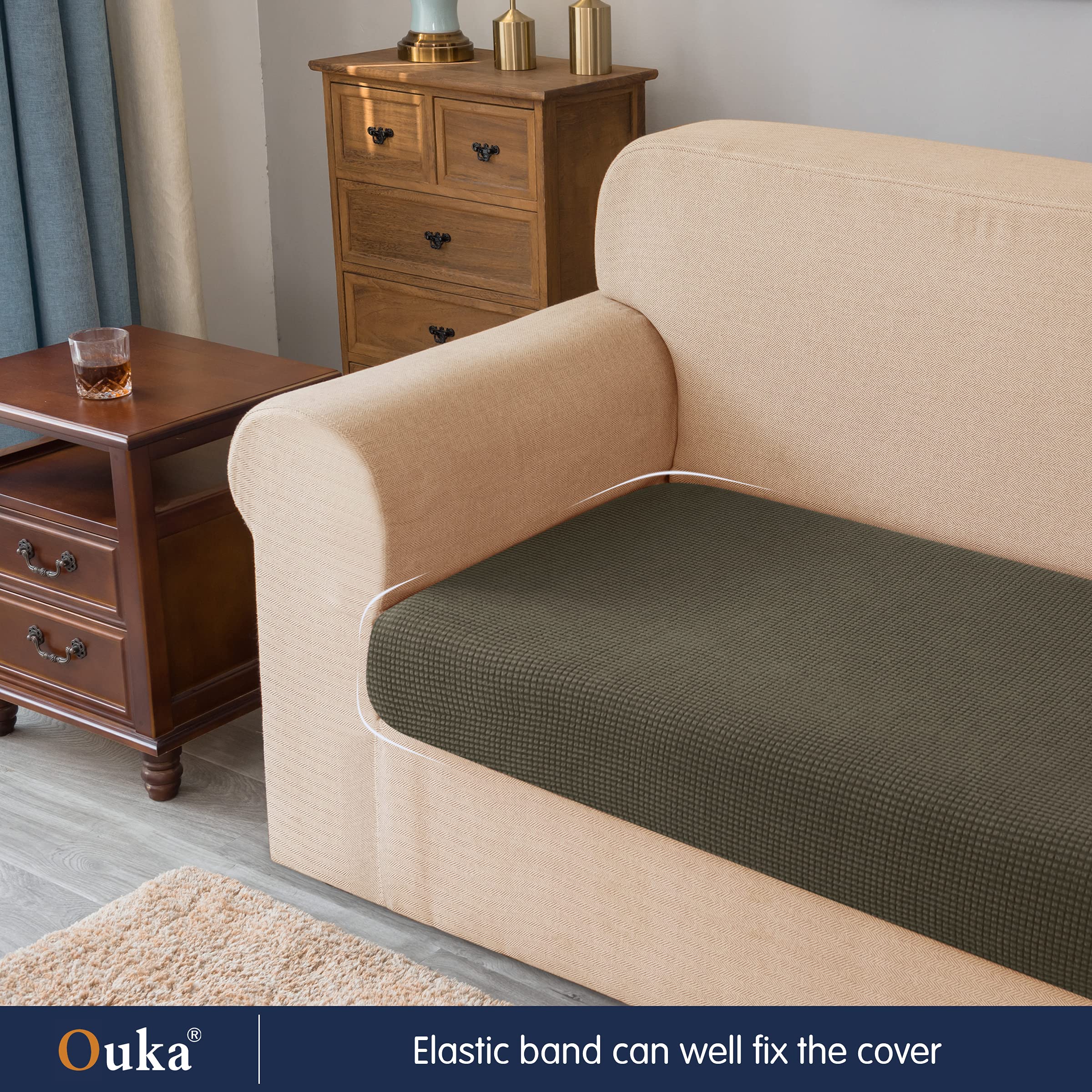 Ouka Stretch Sofa Cushion Cover - Reversible Couch Seat Protector for Loveseat & Chair - Soft & Durable (Small, Olive Green) - Perfect for Living Room, Bedroom & Home Decor