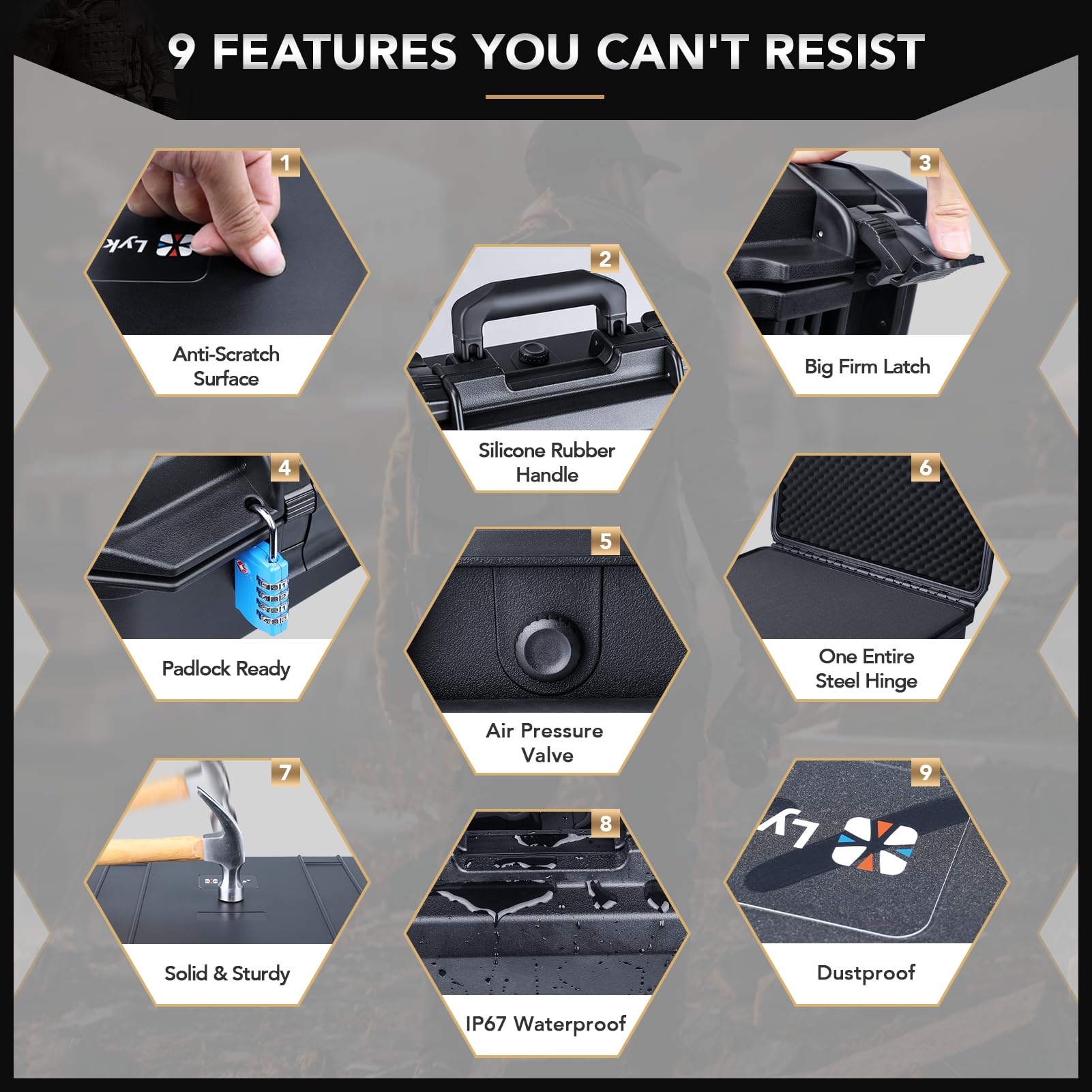 Lykus HC-4110 Waterproof Hard Protective Case with Customizable Foam Insert - 41x36x13cm Interior for 16