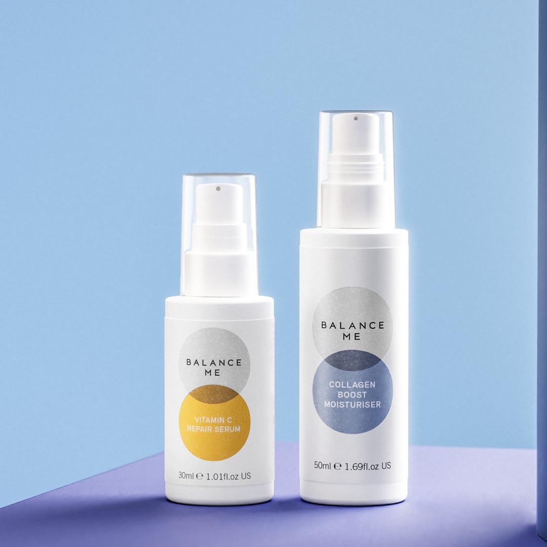 Balance Me Hydrate + Glow Bio-Active Skincare Duo - Vitamin C Repair Serum & Collagen Boost Moisturizer - Vegan & Cruelty-Free - Smooth Complexion & Reduce Hyperpigmentation - Perfect for Daily Skincare Routine & Nighttime Skin Repair