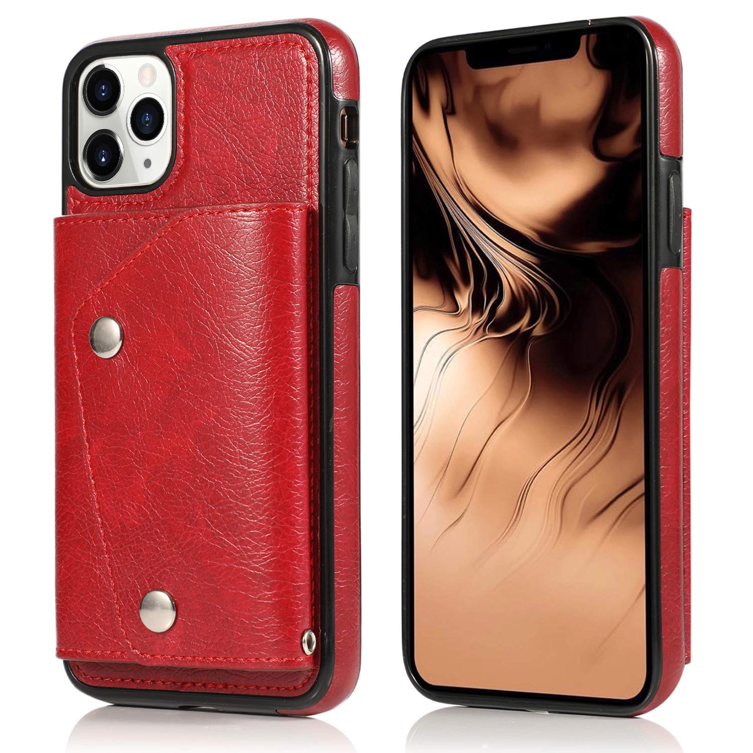 Premium PU Leather iPhone 11 Pro Max Wallet Case with Card Holder Slot - Crossbody Neck Strap & Wrist Strap Included - Protective Credit Card Holder Phone Cover (Red) - Perfect for Travel, Shopping & Everyday Use