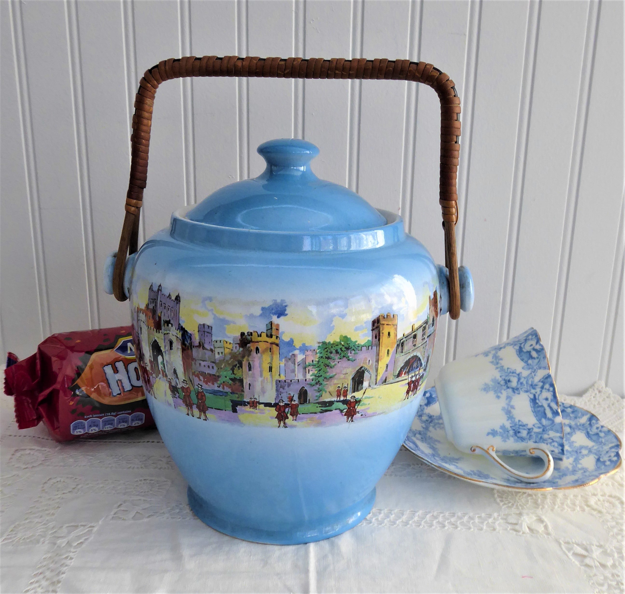 Antique Edwardian Blue Biscuit Jar - Barrel Tower of London New Hall 1900 Vintage Collectible | Perfect for Tea Time, Home Decor & Victorian Era Enthusiasts