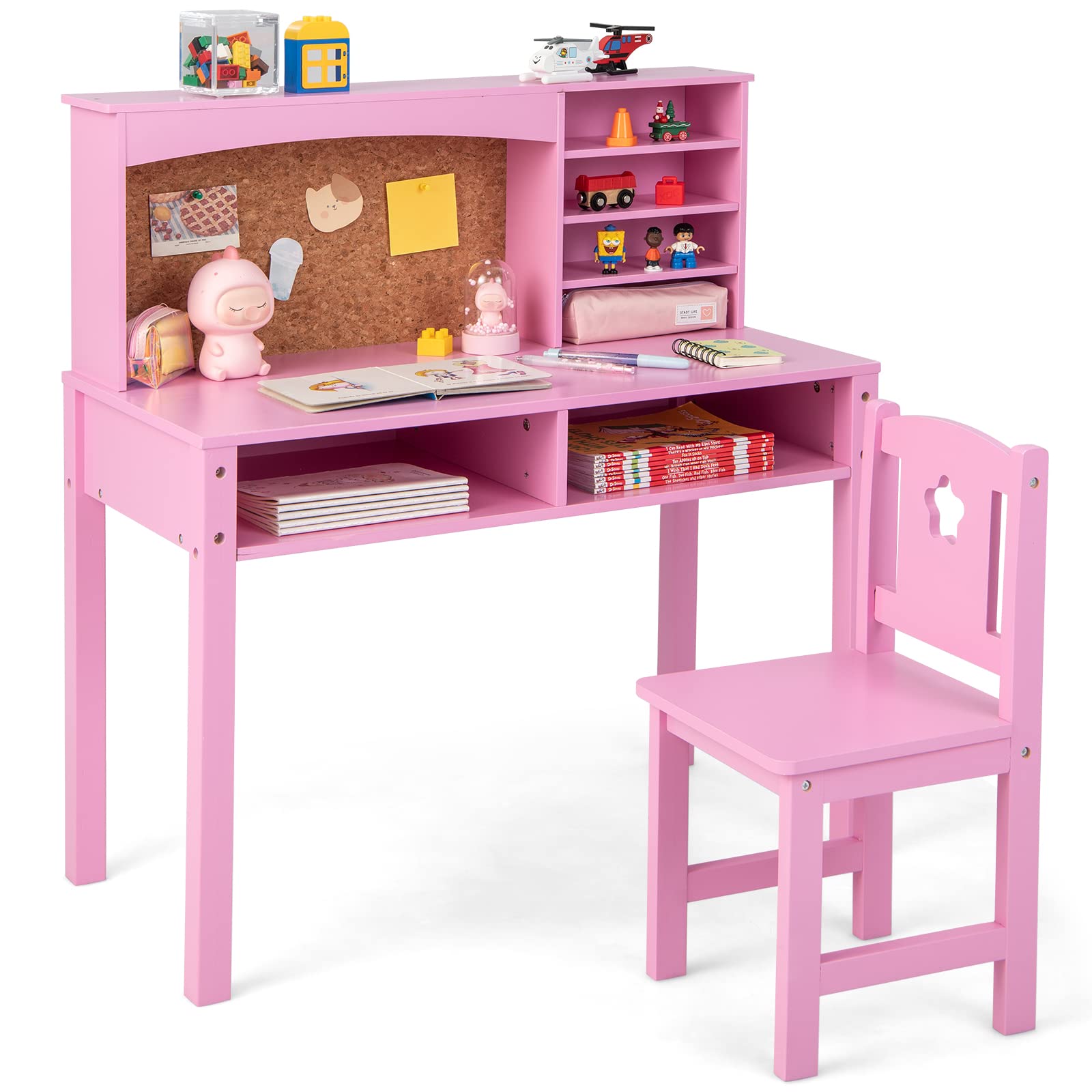 Costzon Kids Desk and Chair Set - Adjustable Wooden Study Desk with Storage Hutch, Cork Bulletin Board & Bookcase | Ergonomic Student Writing & Computer Workstation for Bedroom, Study Room & Homeschooling - Pink (Perfect for Remote Learning & Homework Organization)
