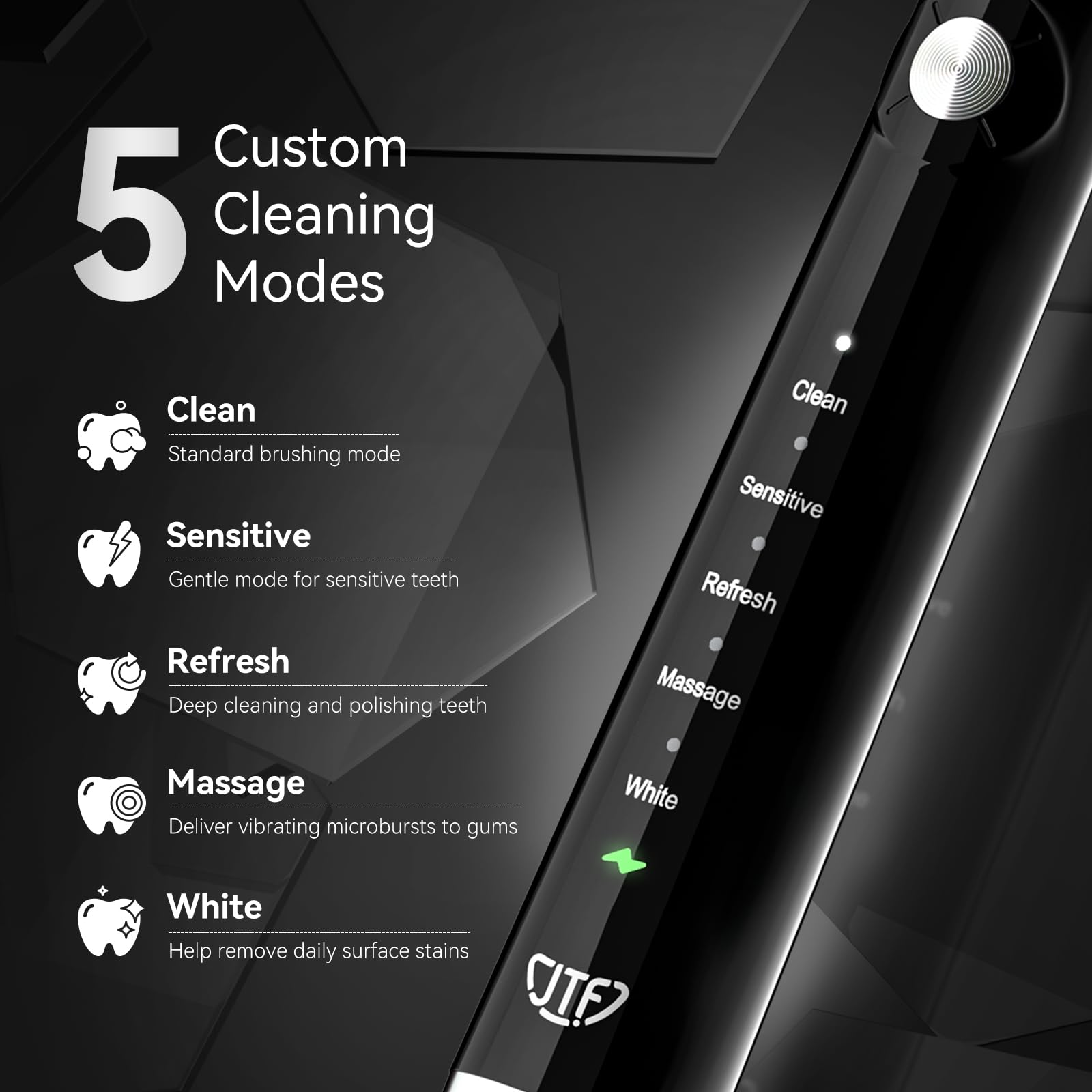 JTF Sonic Electric Toothbrush for Adults - Rechargeable Toothbrush with 6 Brush Heads, Travel Case, 5 Cleaning Modes & Smart Timer | Waterproof Sonic Toothbrush for Men & Women (Black) | Perfect for Travel, Home Use & Daily Oral Care