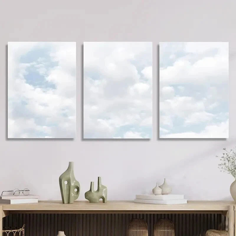 3Pcs Blue Sky Cloud Painting - Natural Cloud Metal Wall Art Prints Ready to Hang - Perfect for Living Room, Bedroom & Office Decor