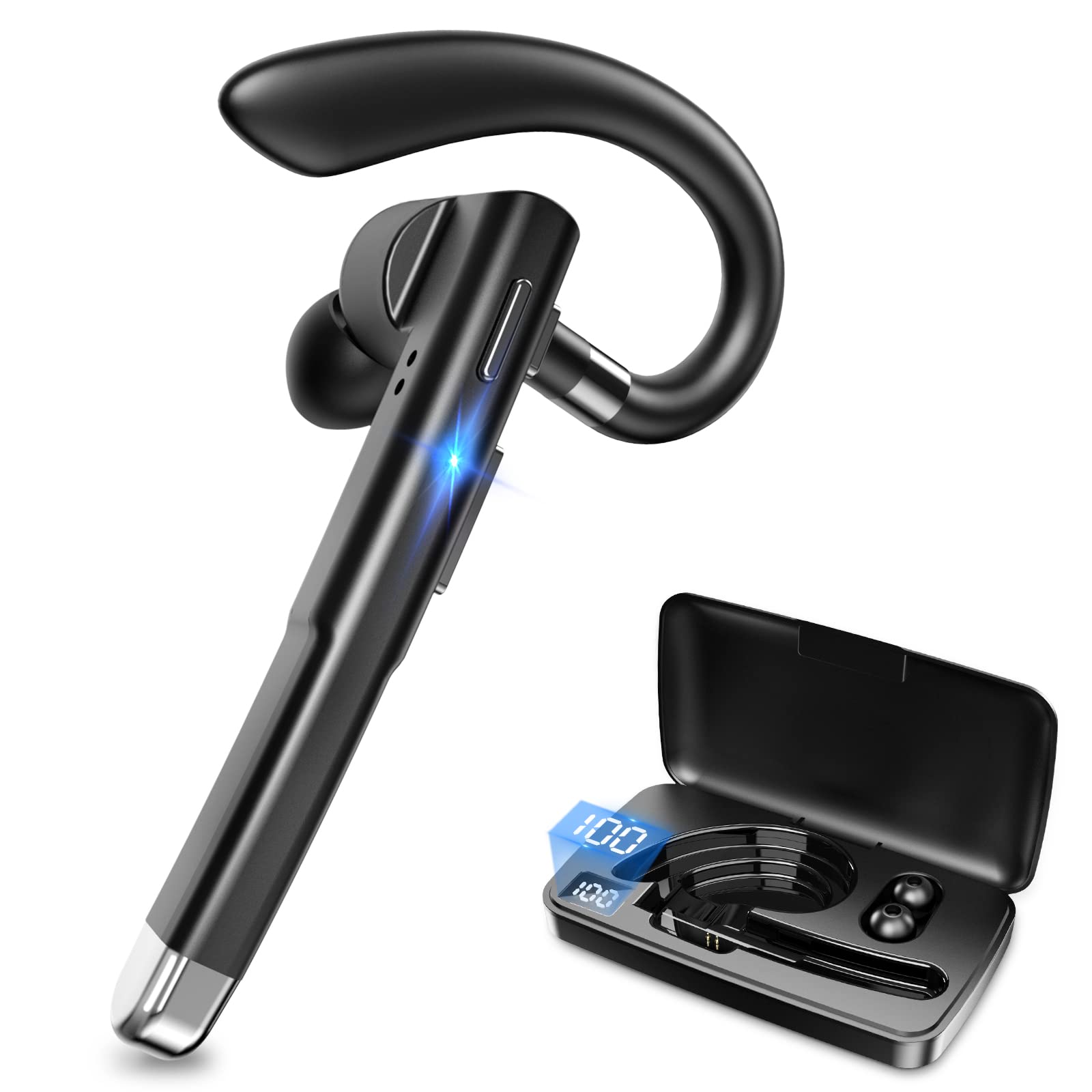 GVKAOVD Bluetooth Earpiece Wireless Headset with Microphone - Hands-Free Single Ear Headphone for Android iPhone Laptop - Perfect for Driving, Trucking, Office Calls & Online Meetings (Includes Protective Case)