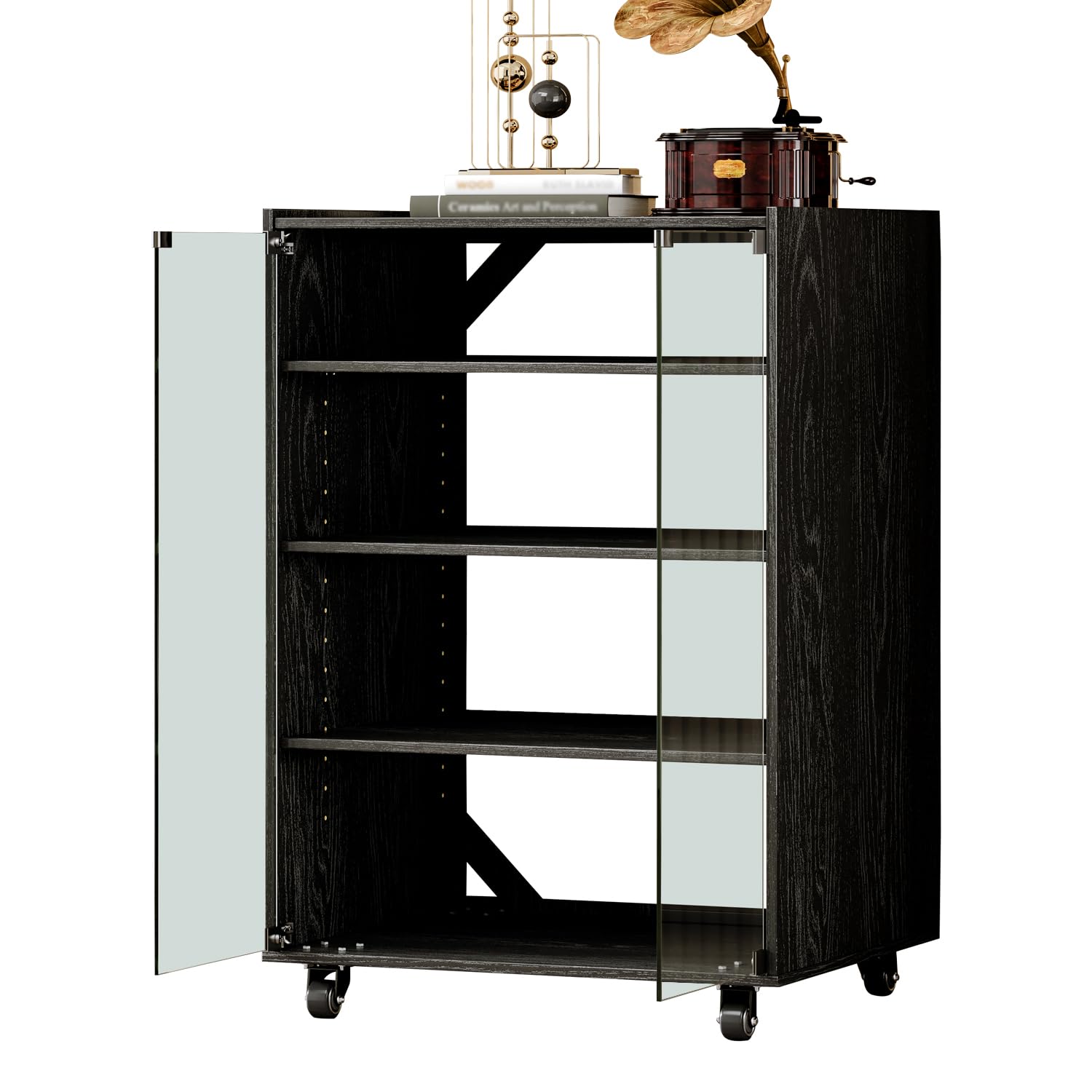 YYJ Modern Rolling AV Media Stand with 4 Adjustable Shelves & Glass Doors - Entertainment Storage Cabinet for Gaming, TV, Stereo Components - Perfect for Living Room & Home Theater Setup