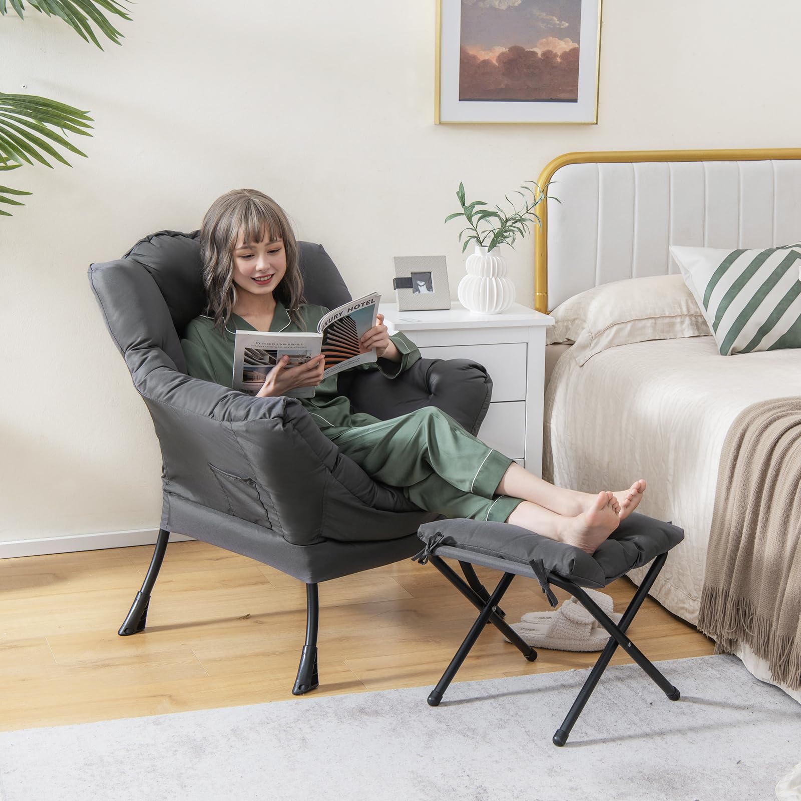 Giantex Oversized Lazy Chair with Ottoman - Gray Upholstered Lounge Armchair with Foldable Footrest & Side Pocket - Perfect for Living Room, Bedroom, Office & Small Space Relaxation