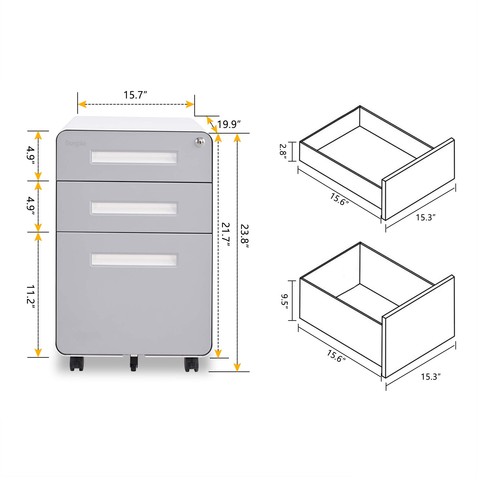 Bonnlo 3-Drawer Rolling File Cabinet with Lock - Gray & White Metal Mobile Under Desk Storage Organizer for Home Office, Fully Assembled Printer Stand with Pencil Tray (23.8