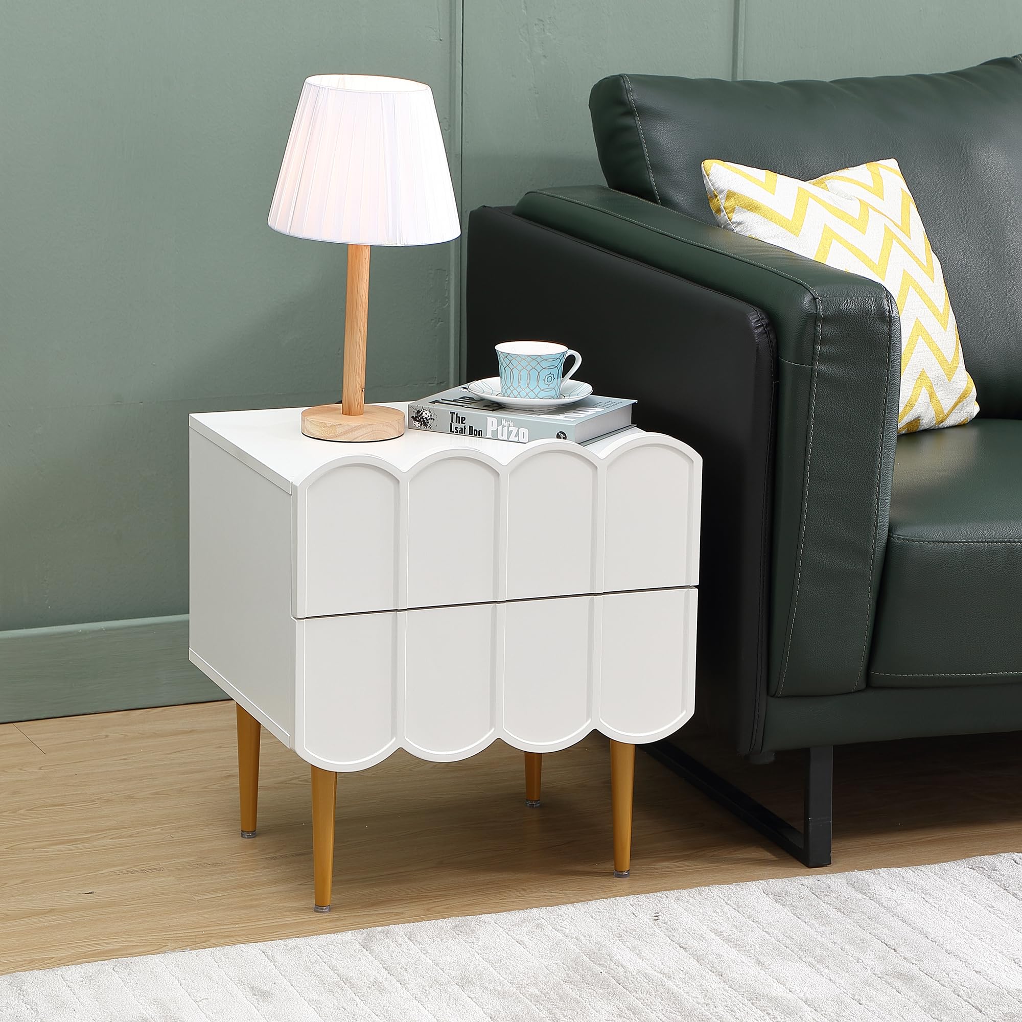 Modern Nightstand Set of 2 - White Bedside Tables with Drawers for Bedroom, Storage End Tables for Living Room - White/Gold Finish - Perfect for Small Spaces, Guest Rooms & Apartment Decor