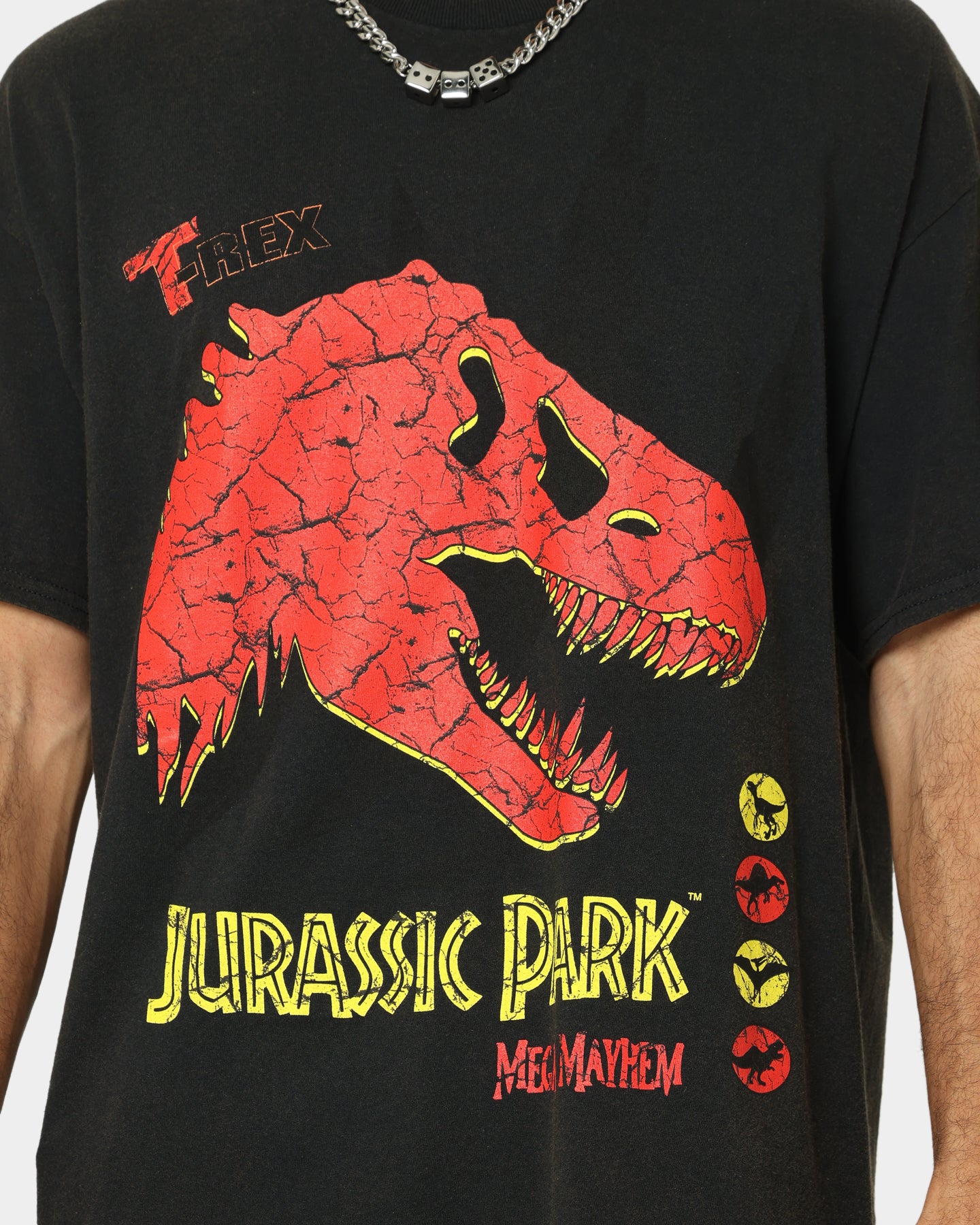 Vintage Jurassic Park Mega Mayhem Graphic T-Shirt - Black Distressed Wash - Retro Movie Tee for Men & Women - Perfect for Casual Wear, Cosplay & Dinosaur Theme Parties
