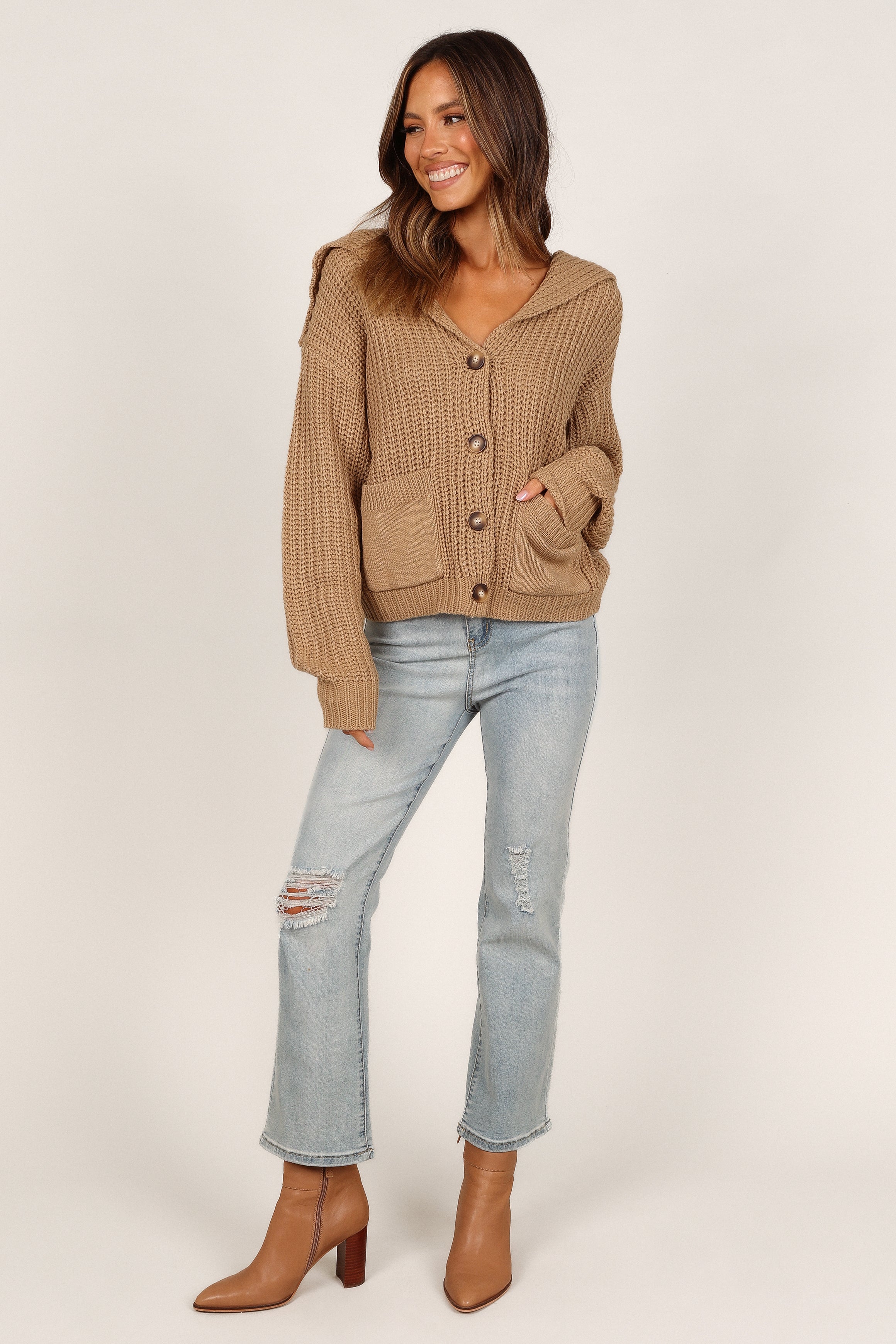 Amelia Oversized Collar Button-Up Cardigan Sweater for Women - Soft Knit Long Sleeve Open Front Coatigan in Camel Brown - Perfect for Fall Layering, Office Wear & Casual Outfits