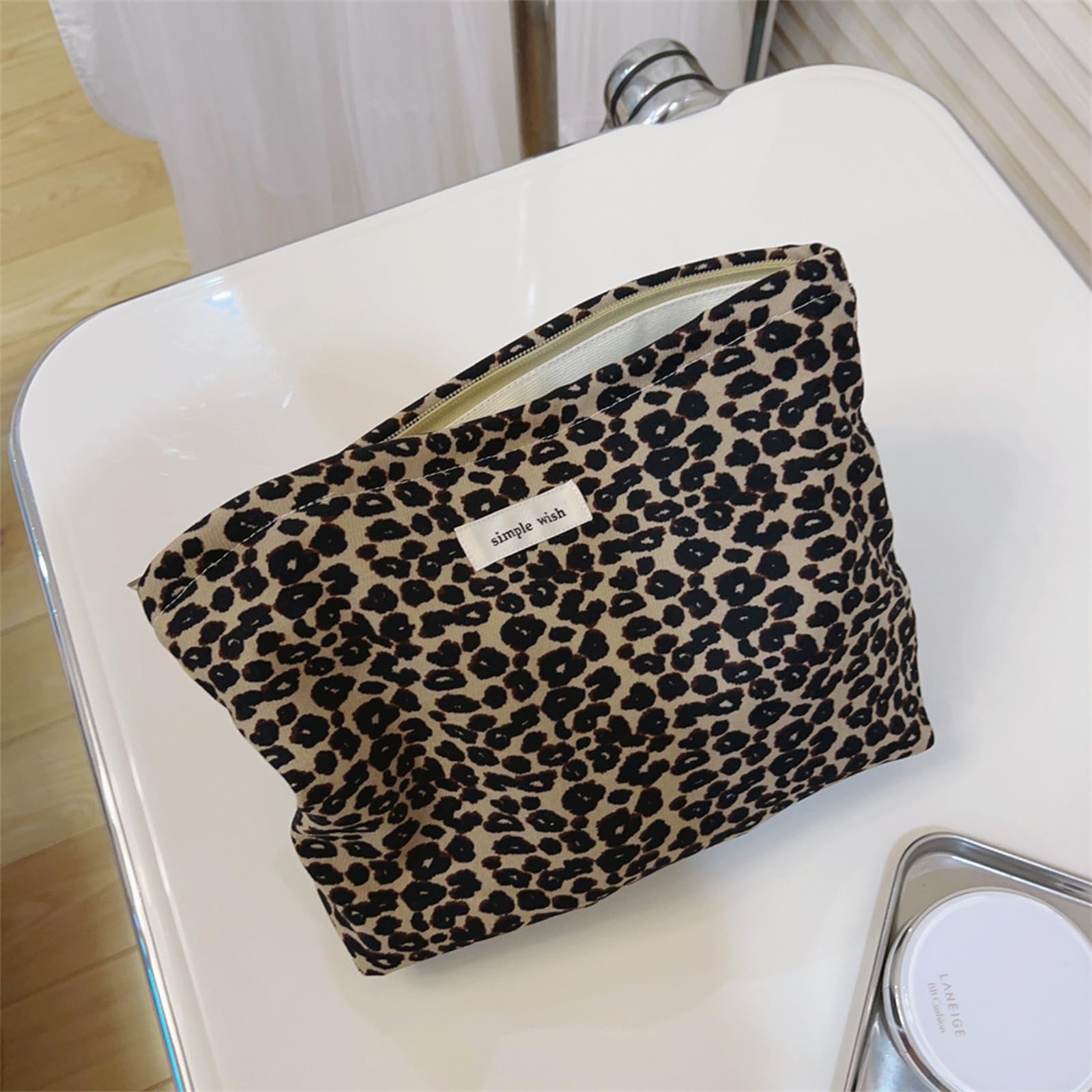 Wudygirl Leopard Print Makeup Bag for Women - Large Capacity Cosmetic & Toiletry Travel Pouch with Zipper - Aesthetic Canvas Makeup Organizer - Perfect for Travel, Gym, and Daily Beauty Essentials (Leopard Print)