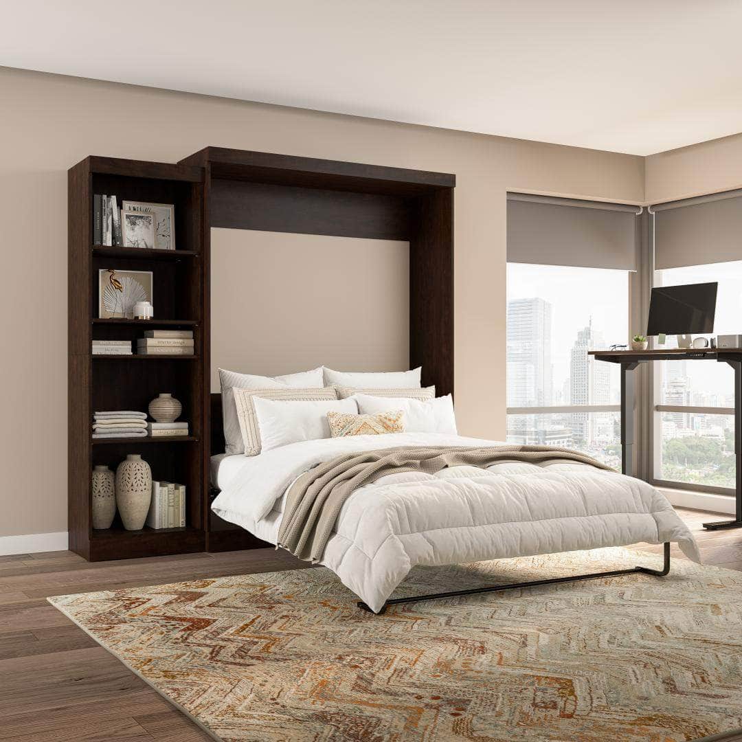 Pur 90 Queen Size Murphy Wall Bed with Storage Unit in Chocolate - Space Saving Fold Down Bed for Small Apartments & Guest Rooms