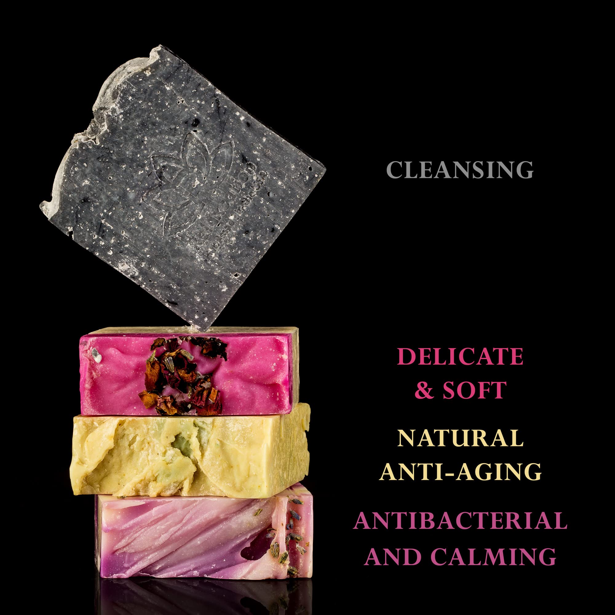 Relaxation 4-Pack Natural Cold Process Soap Bars - Shea Butter Lavender, Kaolin Clay Rose, Olive & Charcoal for Sensitive Skin | Handmade Organic Soap Gift Set for Bath, Shower & Spa Relaxation
