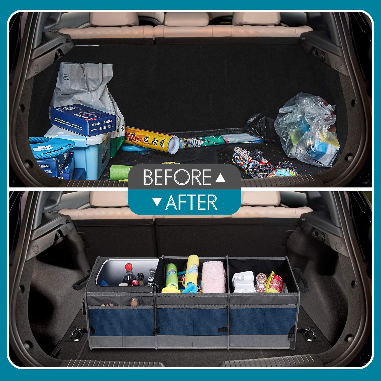 Collapsible Trunk Organizer with Cooler - Large Waterproof Car Storage Container with Non-Slip Bottom & Multi-Compartment Design for Sedan, SUV, Truck, Van (Blue) | Perfect for Groceries, Road Trips & Vehicle Organization
