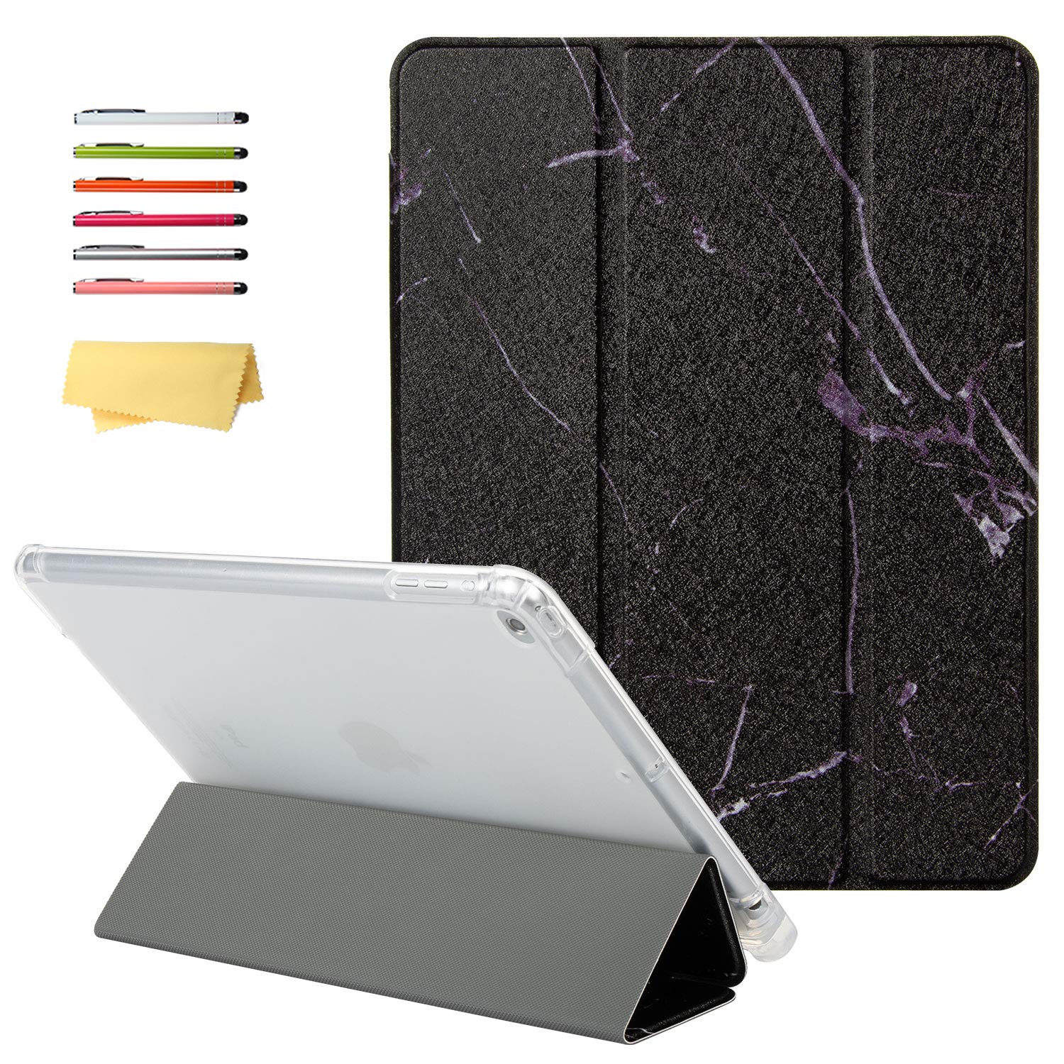 Premium PU Leather Trifold Smart Case for iPad 9.7 (2017/2018), iPad Air 1/Air 2 (9.7 Inch) - Clear TPU Back Cover with Apple Pencil Holder & Auto Wake/Sleep Function - Compatible with iPad 6th/5th Generation - Black Marble Design - Perfect for Work, Travel and Everyday Use