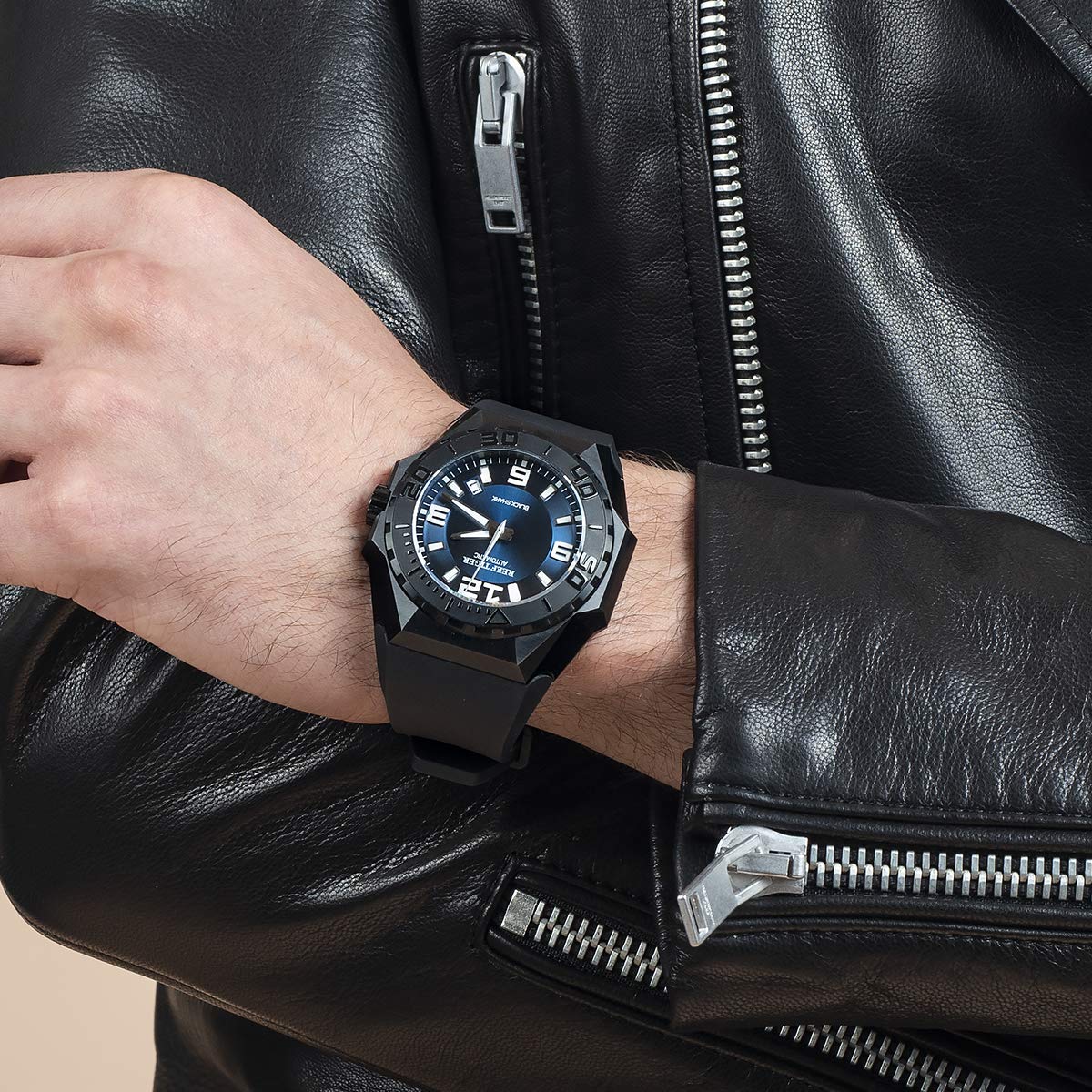REEF TIGER Men's Automatic Diver Watch - All Black Sport Mechanical Watch with Date Display RGA6903 | Waterproof Dive Watch for Swimming, Snorkeling & Outdoor Adventures