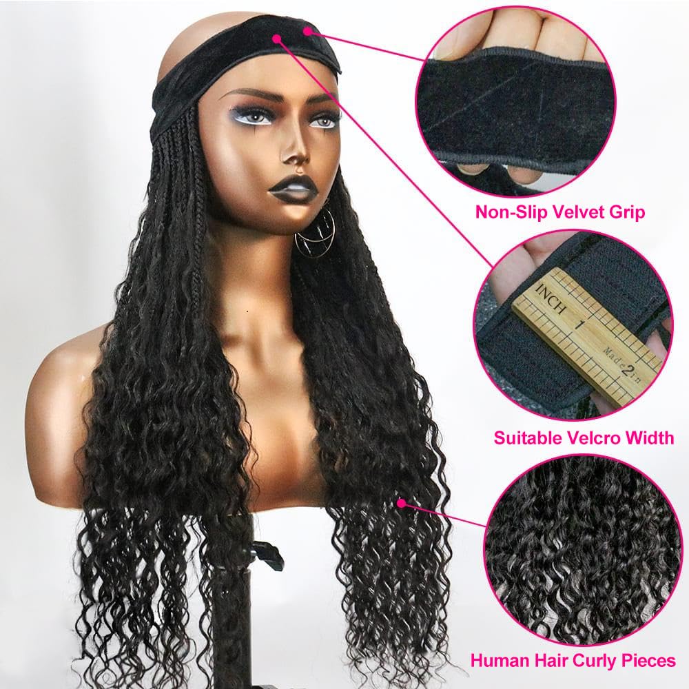 20 Inch Human Hair Box Braids Headband Wig for Black Women - Natural Color, Pre-Braided with Ears Out Design | Perfect for Protective Styling, Everyday Wear & Special Occasions