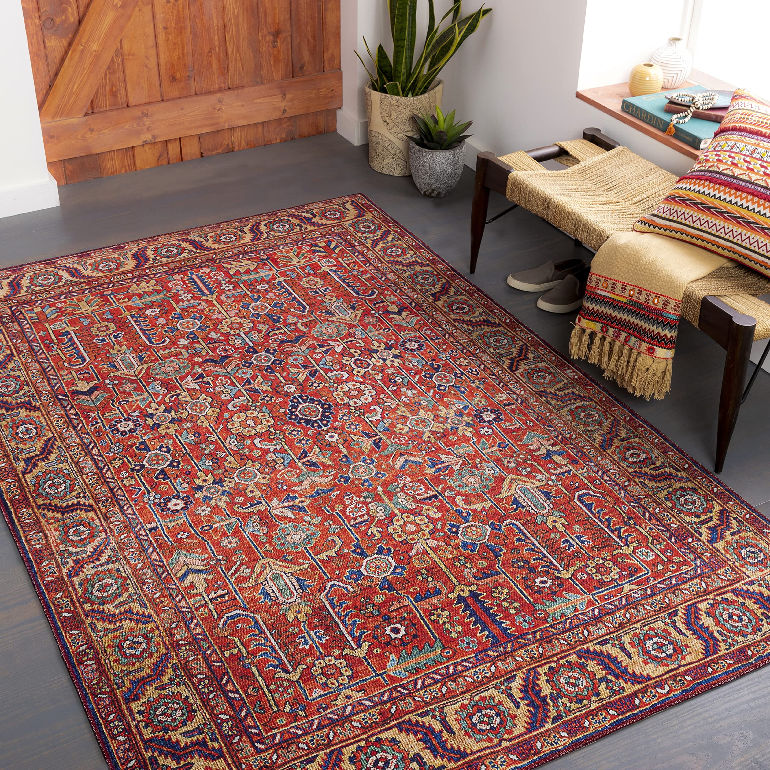 Mark&Day 5x7 Loveren Traditional Area Rug - Bright Red & Blue Handmade Carpet for Living Room, Bedroom, Kitchen - Non-Slip Soft Floor Mat (5' x 7'6