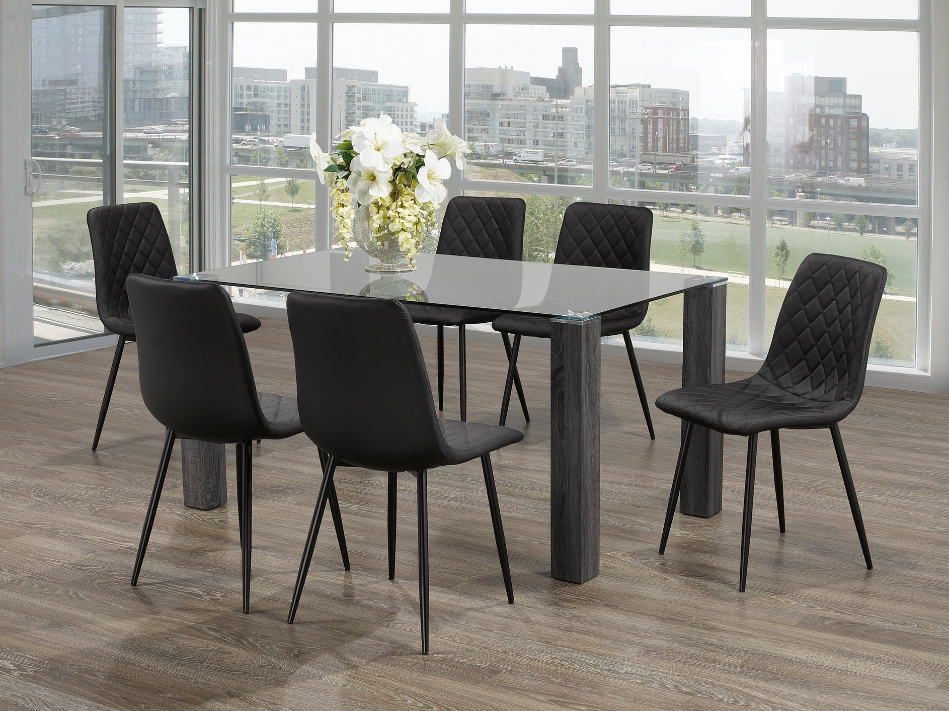 7-Piece Glass Dining Table Set with Grey Wooden Legs & Black Diamond Pattern Chairs - Perfect for Modern Kitchens, Dining Rooms & Small Spaces
