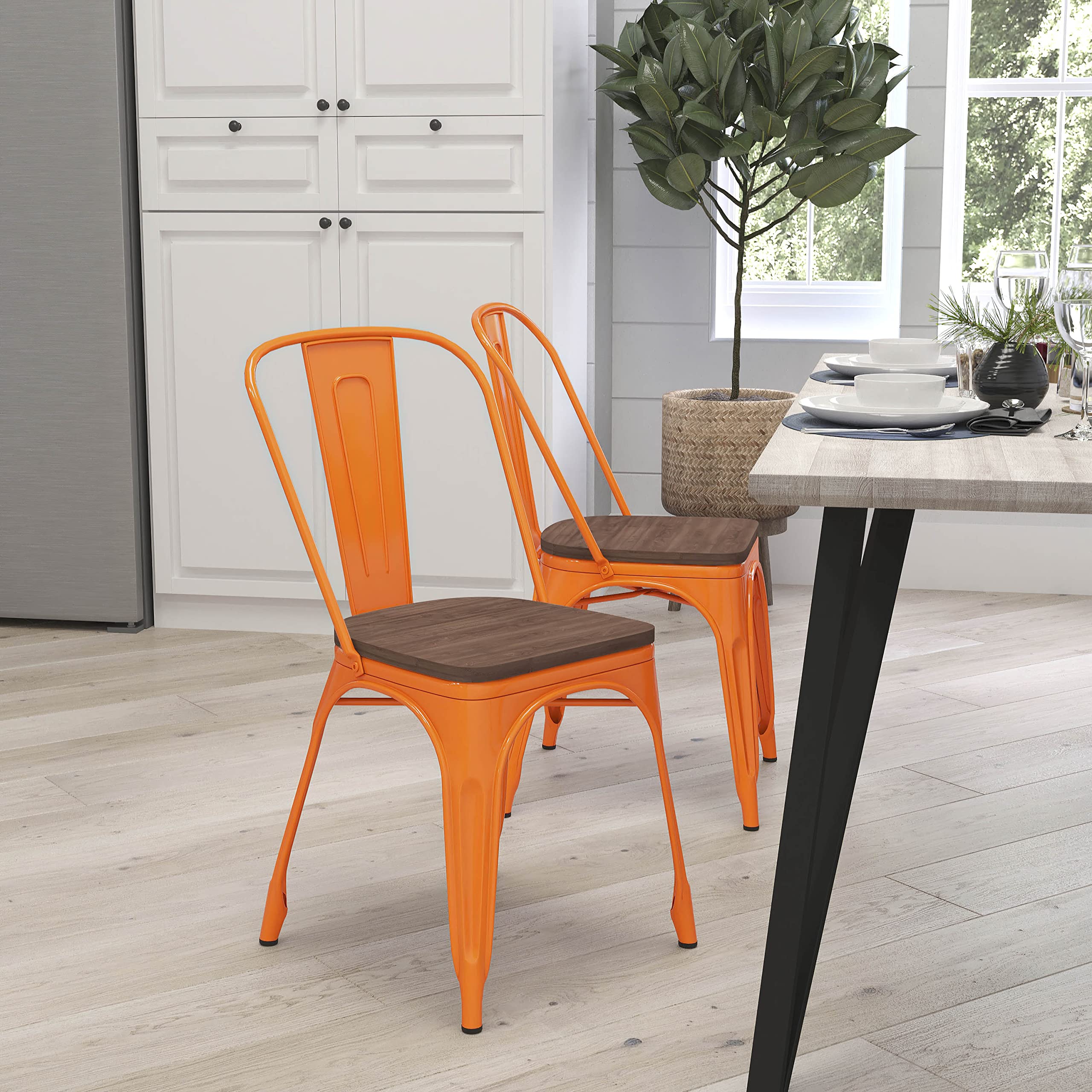 Merrick Lane Amsterdam Metal Chair - Orange Textured Wooden Seat Dining Chair with Slatted Curved Back - Perfect for Kitchen, Dining Room & Outdoor Patio Furniture