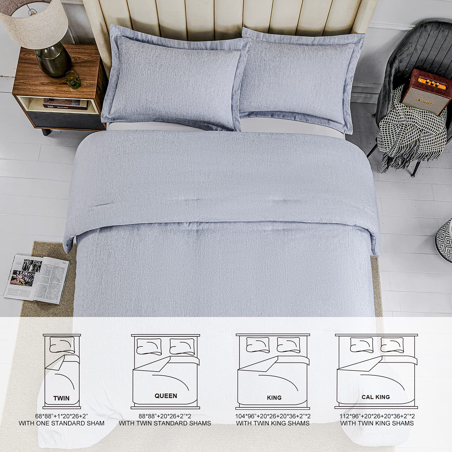 HOdo King Size Comforter Set - Oversized Blue Bedding with Cationic Dyeing & Pillow Shams (104x96 inches, 3-Piece) | Luxurious Hotel-Style Bedroom Decor for Master Bedroom & Guest Room